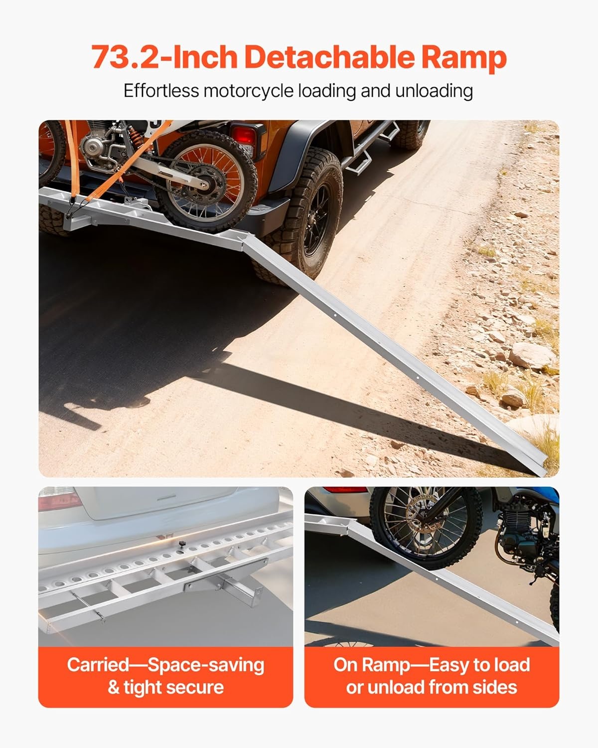 image:imageVEVOR Motorcycle Carrier 400 lbs Capacity Heavy Duty Aluminum Hitch Mount Rack with 73in Loading Ramp Straps amp Stabilizer Scooter Dirt Bike Trailer Hauler for Car Truck with 2Inch Hitch Receiver73in Ramp