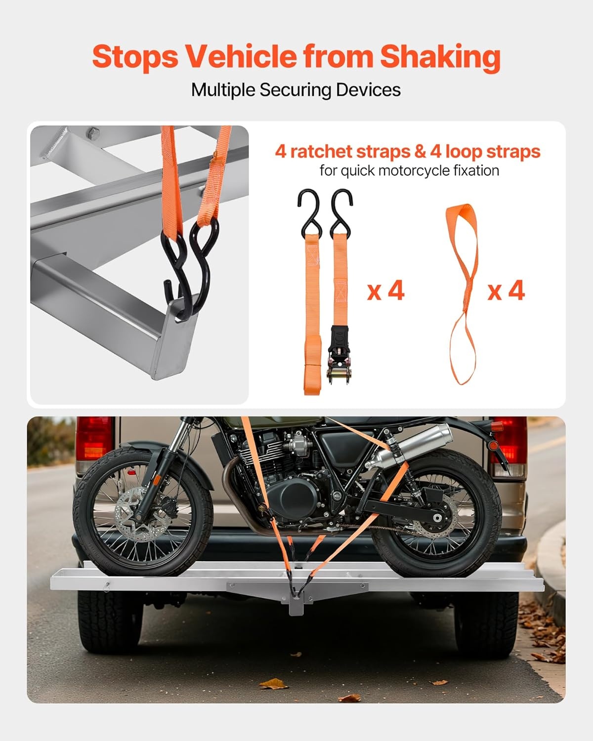 image:imageVEVOR Motorcycle Carrier 400 lbs Capacity Heavy Duty Aluminum Hitch Mount Rack with 73in Loading Ramp Straps amp Stabilizer Scooter Dirt Bike Trailer Hauler for Car Truck with 2Inch Hitch Receiver73in Ramp