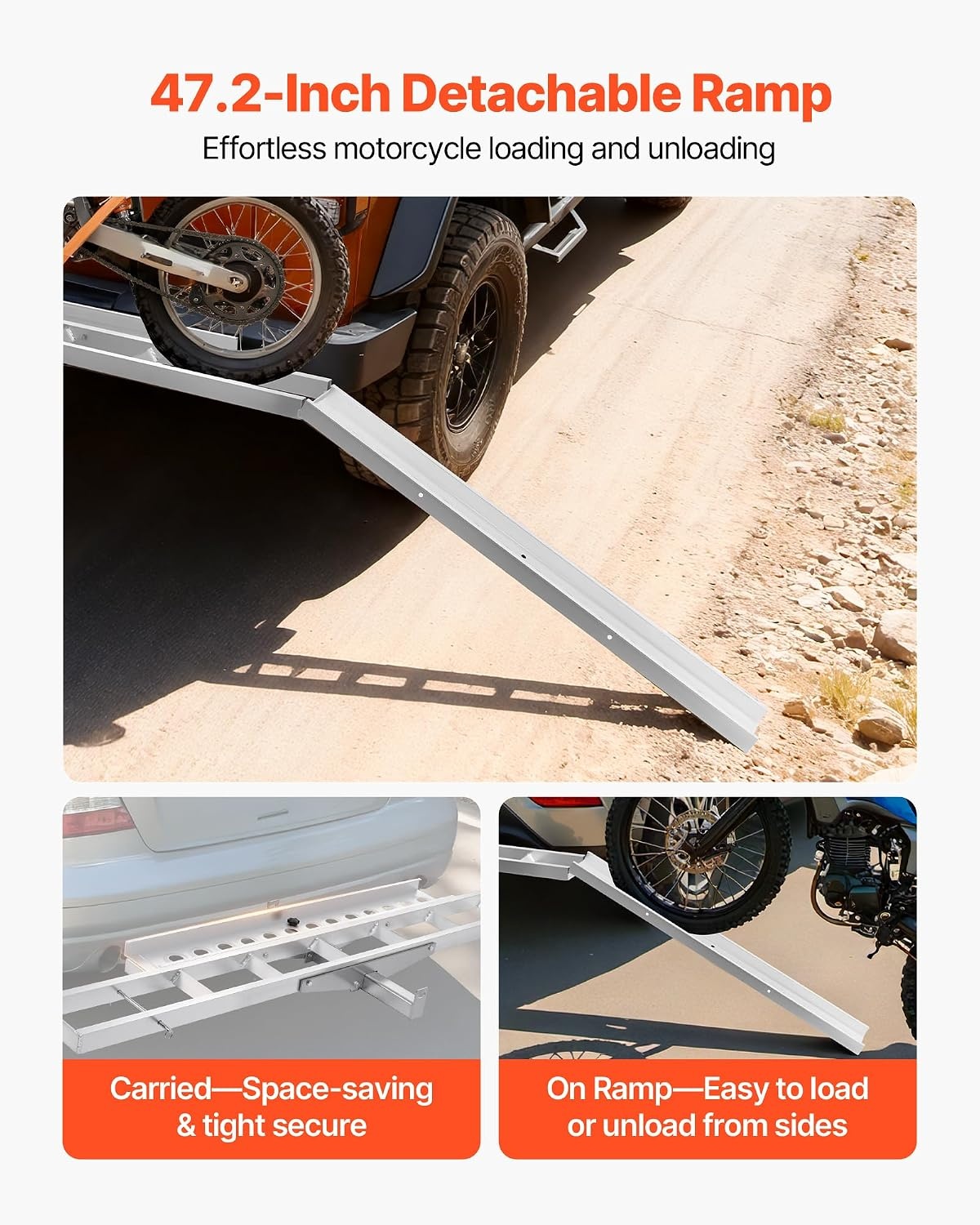 image:imageVEVOR Motorcycle Carrier 400 lbs Capacity Heavy Duty Aluminum Hitch Mount Rack with 73in Loading Ramp Straps amp Stabilizer Scooter Dirt Bike Trailer Hauler for Car Truck with 2Inch Hitch Receiver47in Ramp