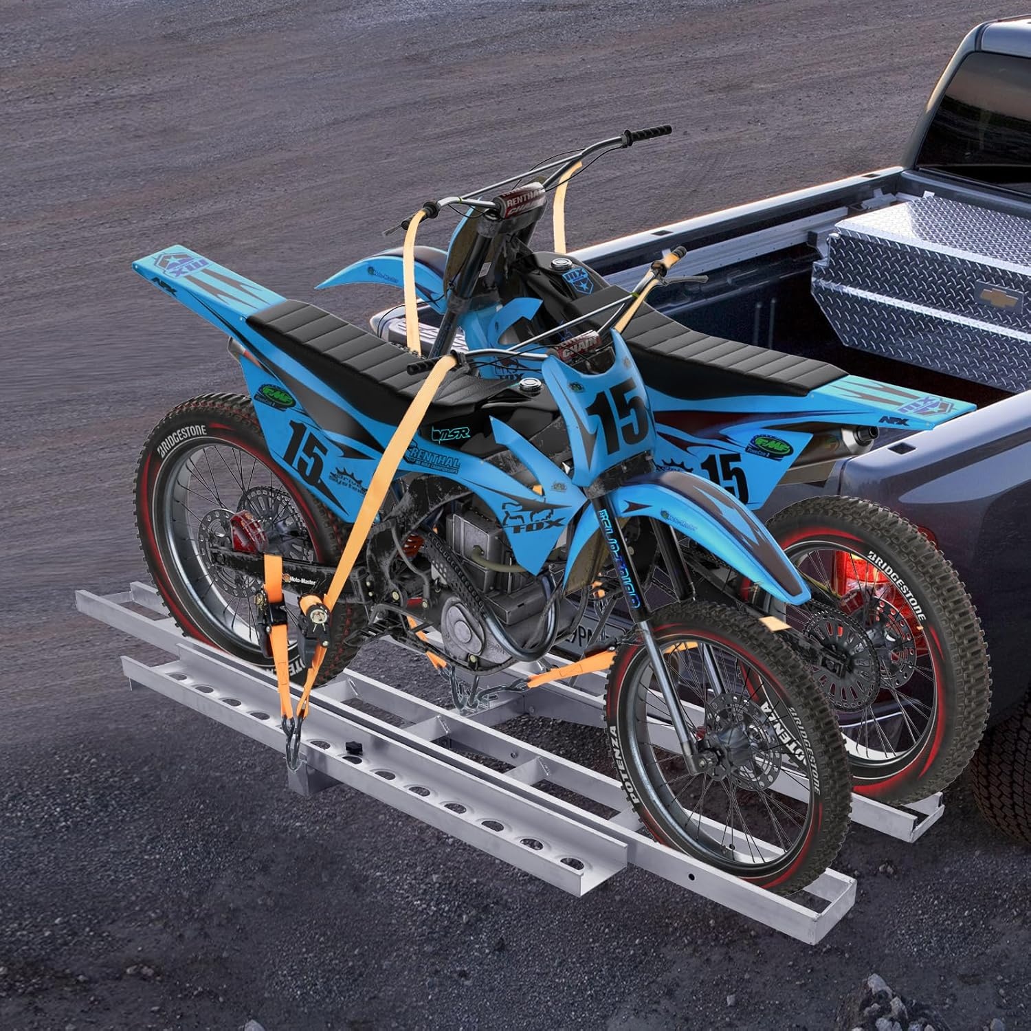 image:imageVEVOR Motorcycle Carrier 400 lbs Capacity Heavy Duty Aluminum Hitch Mount Rack with 73in Loading Ramp Straps amp Stabilizer Scooter Dirt Bike Trailer Hauler for Car Truck with 2Inch Hitch Receiver47in Ramp