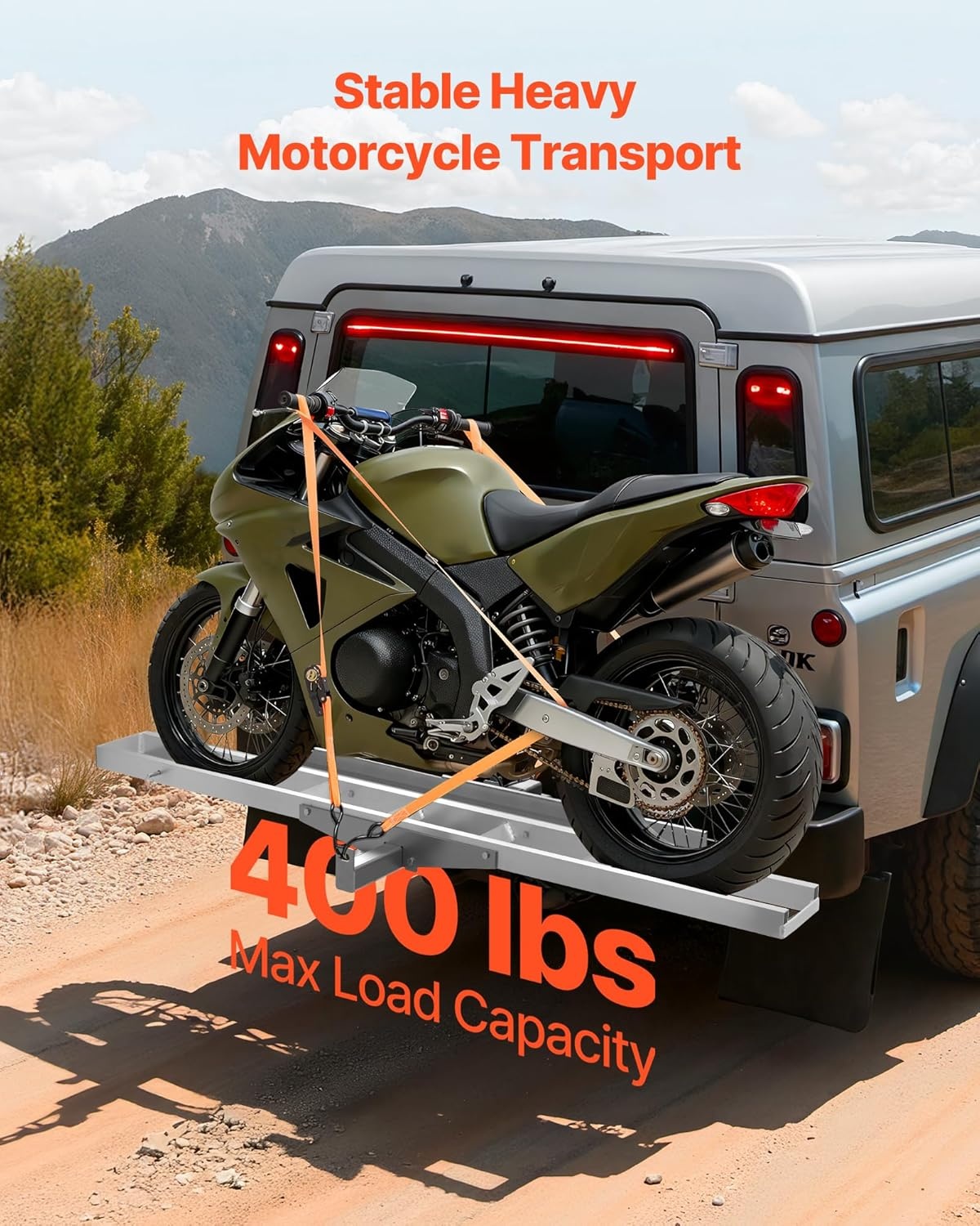 image:imageVEVOR Motorcycle Carrier 400 lbs Capacity Heavy Duty Aluminum Hitch Mount Rack with 73in Loading Ramp Straps amp Stabilizer Scooter Dirt Bike Trailer Hauler for Car Truck with 2Inch Hitch Receiver47in Ramp