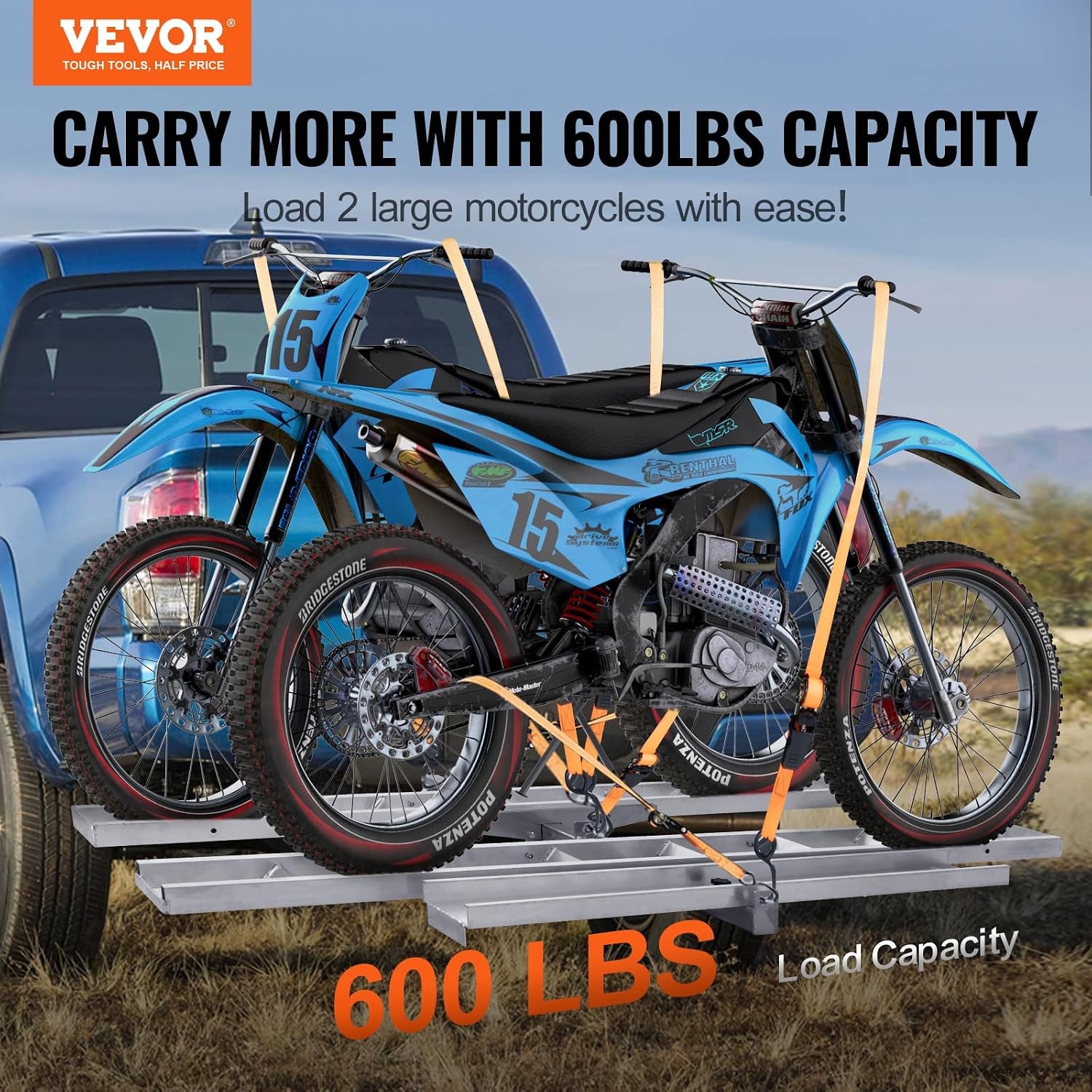 image:imageVEVOR Motorcycle Carrier 400 lbs Capacity Heavy Duty Aluminum Hitch Mount Rack with 73in Loading Ramp Straps amp Stabilizer Scooter Dirt Bike Trailer Hauler for Car Truck with 2Inch Hitch Receiver47in Ramp