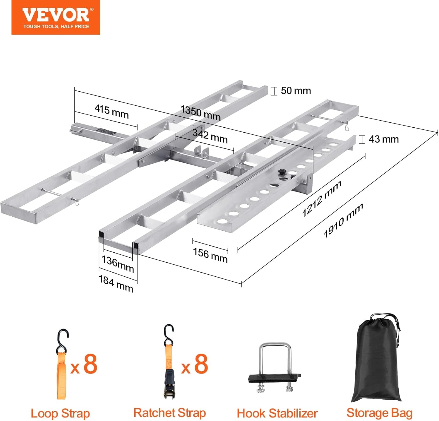image:imageVEVOR Motorcycle Carrier 400 lbs Capacity Heavy Duty Aluminum Hitch Mount Rack with 73in Loading Ramp Straps amp Stabilizer Scooter Dirt Bike Trailer Hauler for Car Truck with 2Inch Hitch Receiver47in Ramp