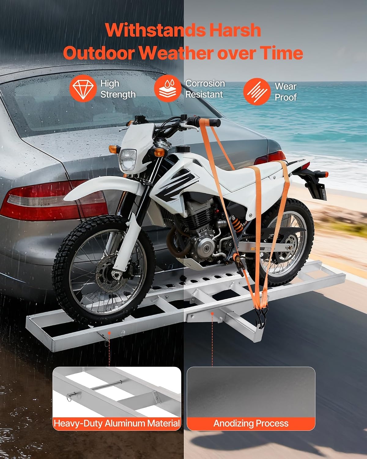 image:imageVEVOR Motorcycle Carrier 400 lbs Capacity Heavy Duty Aluminum Hitch Mount Rack with 73in Loading Ramp Straps amp Stabilizer Scooter Dirt Bike Trailer Hauler for Car Truck with 2Inch Hitch Receiver47in Ramp