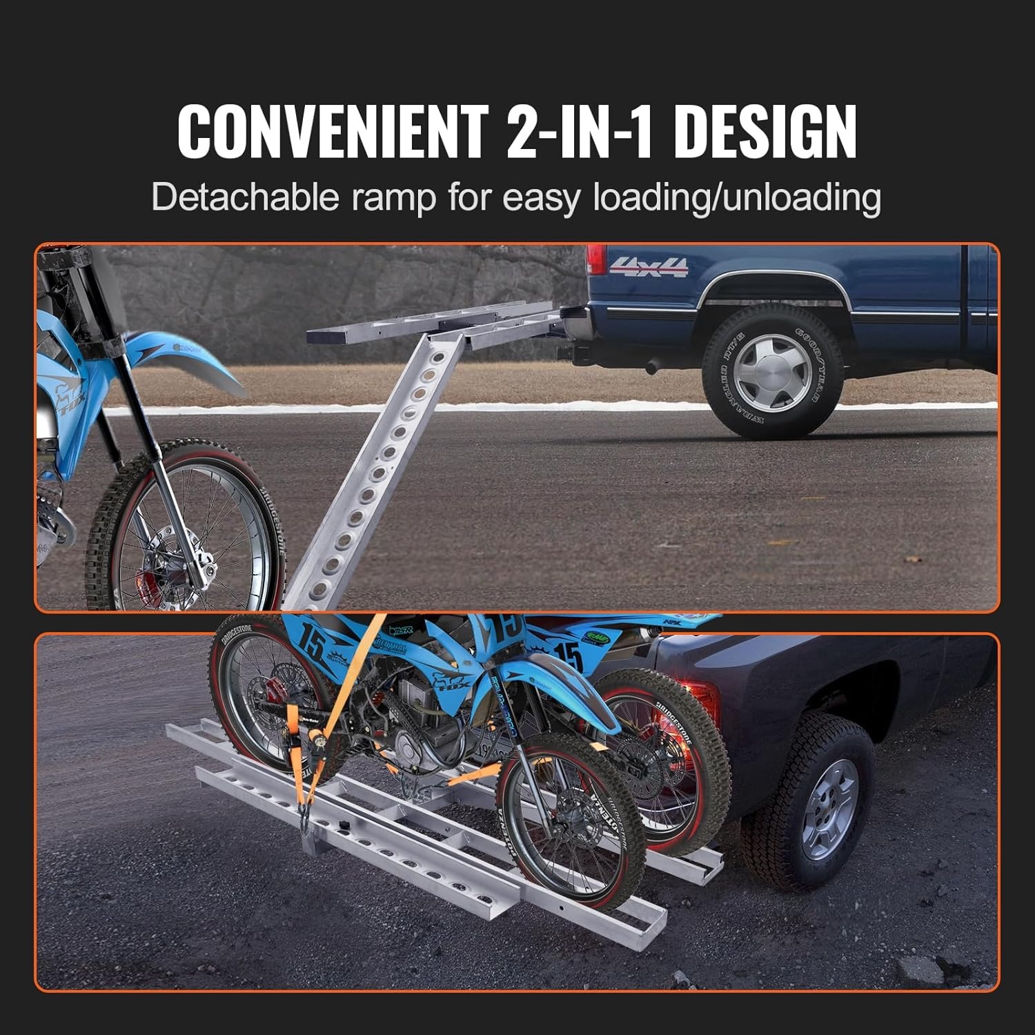 image:imageVEVOR Motorcycle Carrier 400 lbs Capacity Heavy Duty Aluminum Hitch Mount Rack with 73in Loading Ramp Straps amp Stabilizer Scooter Dirt Bike Trailer Hauler for Car Truck with 2Inch Hitch Receiver47in Ramp