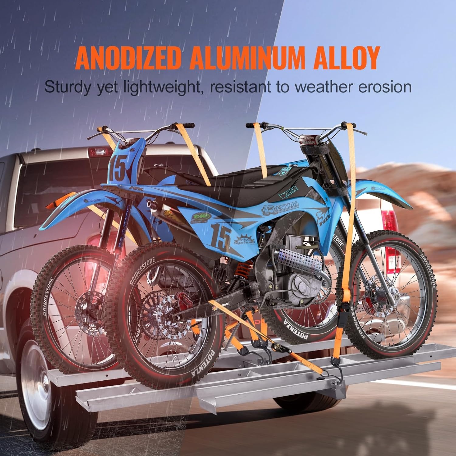 image:imageVEVOR Motorcycle Carrier 400 lbs Capacity Heavy Duty Aluminum Hitch Mount Rack with 73in Loading Ramp Straps amp Stabilizer Scooter Dirt Bike Trailer Hauler for Car Truck with 2Inch Hitch Receiver47in Ramp