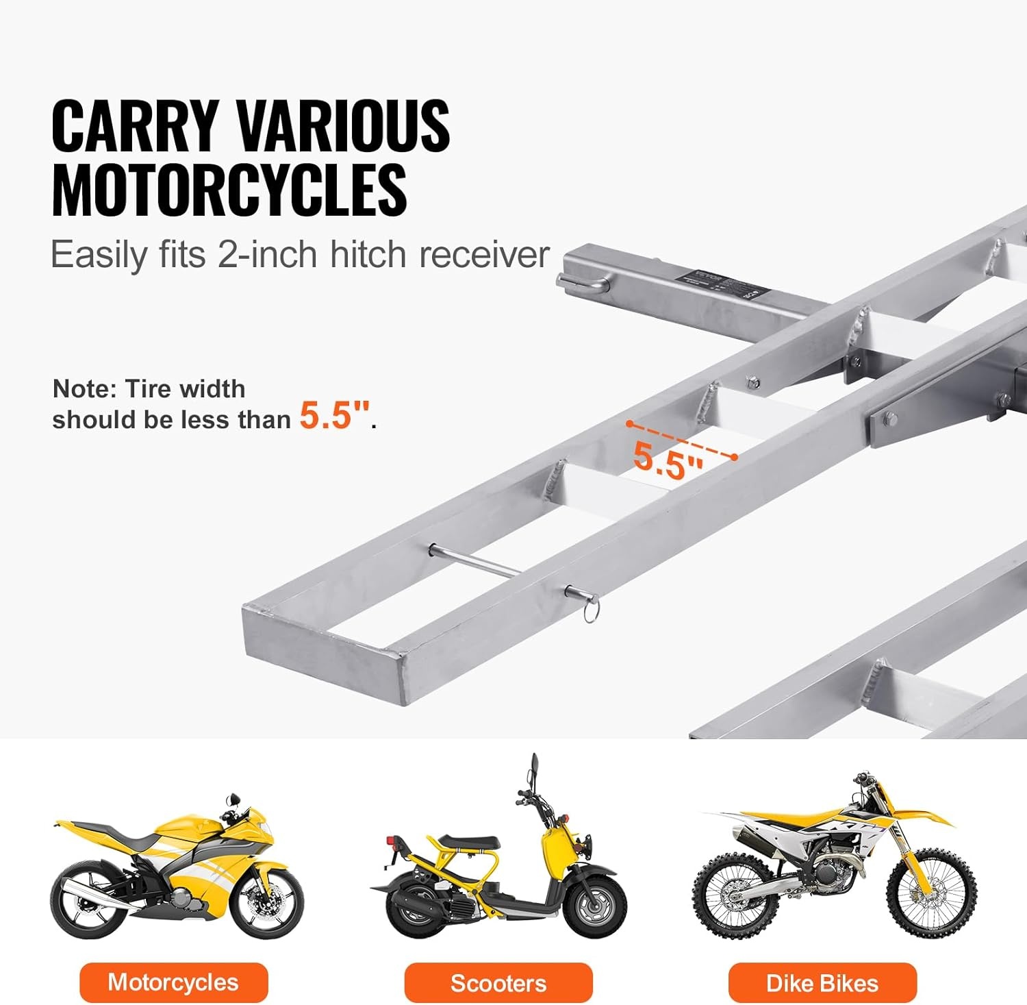 image:imageVEVOR Motorcycle Carrier 400 lbs Capacity Heavy Duty Aluminum Hitch Mount Rack with 73in Loading Ramp Straps amp Stabilizer Scooter Dirt Bike Trailer Hauler for Car Truck with 2Inch Hitch Receiver47in Ramp