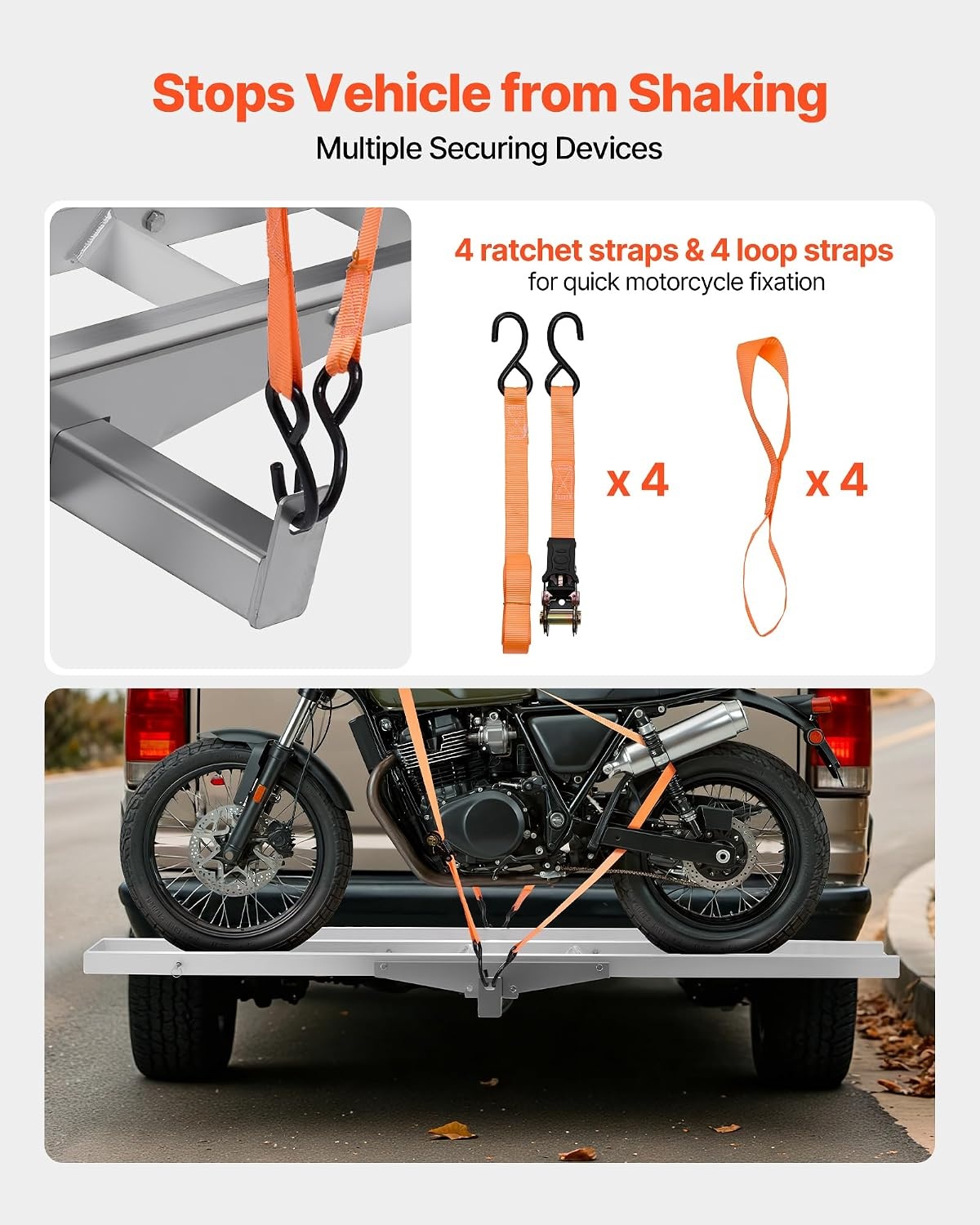 image:imageVEVOR Motorcycle Carrier 400 lbs Capacity Heavy Duty Aluminum Hitch Mount Rack with 73in Loading Ramp Straps amp Stabilizer Scooter Dirt Bike Trailer Hauler for Car Truck with 2Inch Hitch Receiver47in Ramp