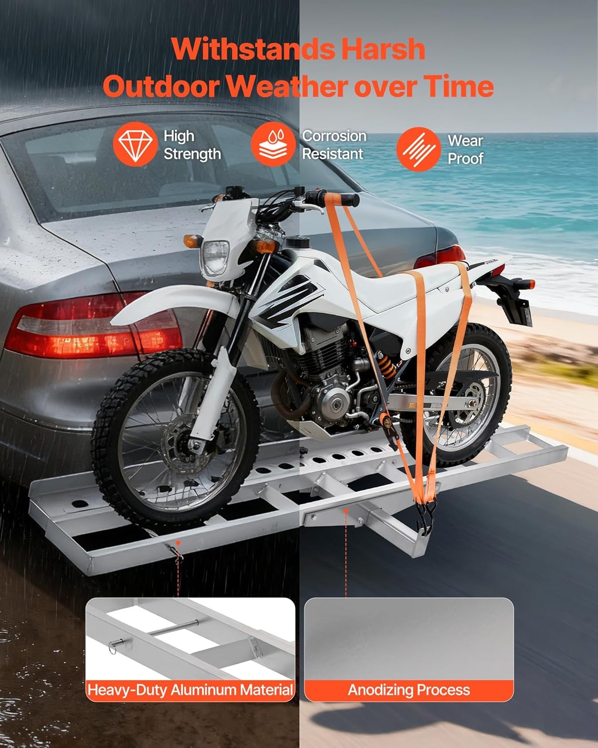 image:imageVEVOR Motorcycle Carrier 400 lbs Capacity Heavy Duty Aluminum Hitch Mount Rack with 73in Loading Ramp Straps amp Stabilizer Scooter Dirt Bike Trailer Hauler for Car Truck with 2Inch Hitch Receiver73in Ramp