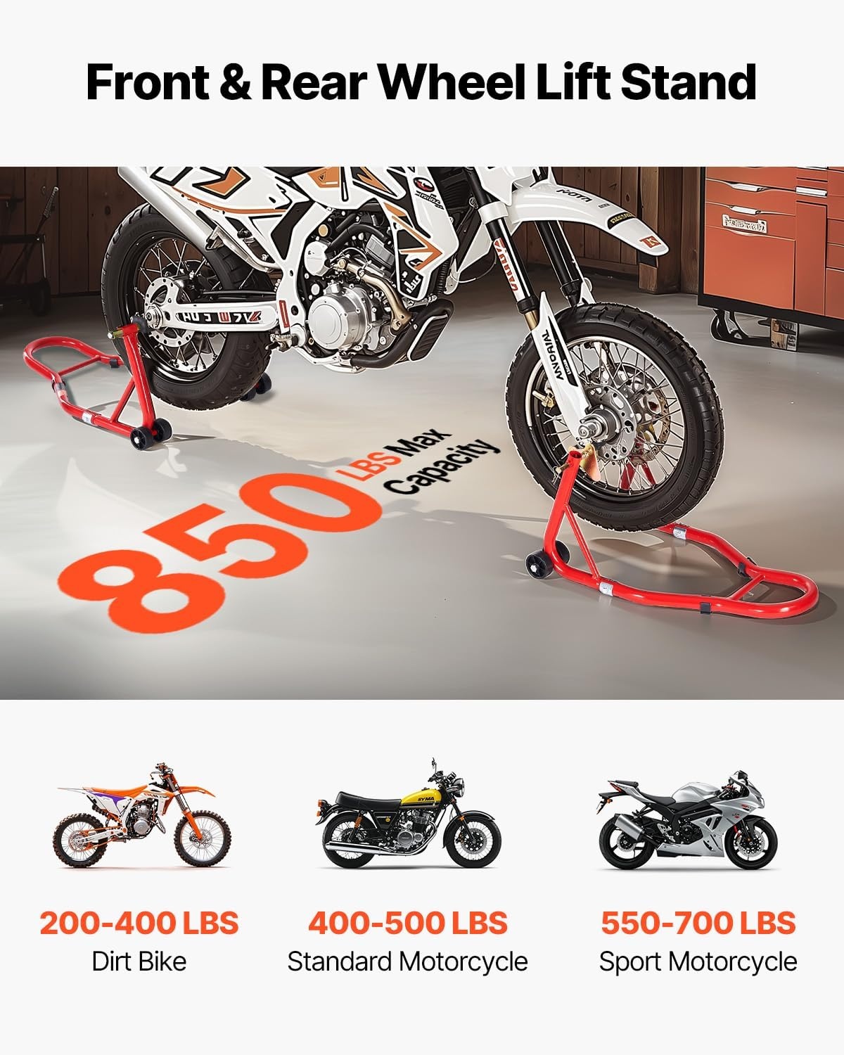 image:imageVEVOR Motorcycle Rear Wheel Stand 850 LBS Load Capacity Heavy Duty Rear Wheel Stand with U L Fork Swingarm Spool Adjustabe Motorcycle Lift Jack Stand for Suzuki Yamaha Honda Kawasaki RedRed