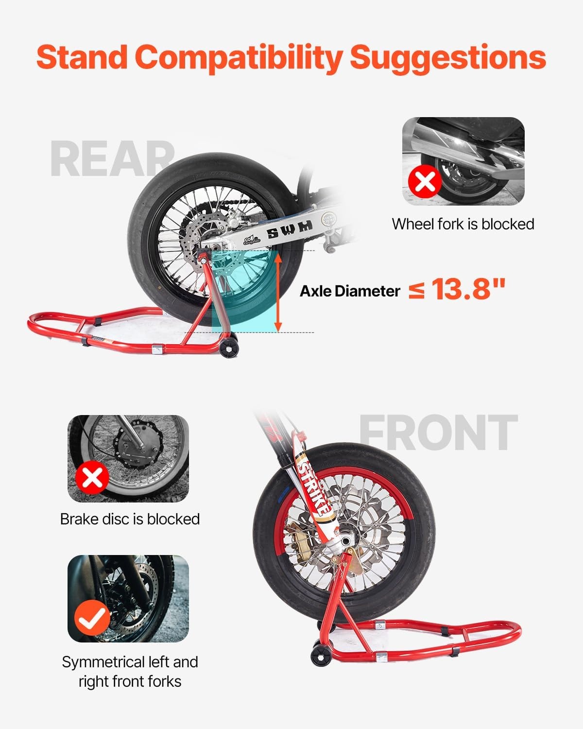 image:imageVEVOR Motorcycle Rear Wheel Stand 850 LBS Load Capacity Heavy Duty Rear Wheel Stand with U L Fork Swingarm Spool Adjustabe Motorcycle Lift Jack Stand for Suzuki Yamaha Honda Kawasaki RedRed