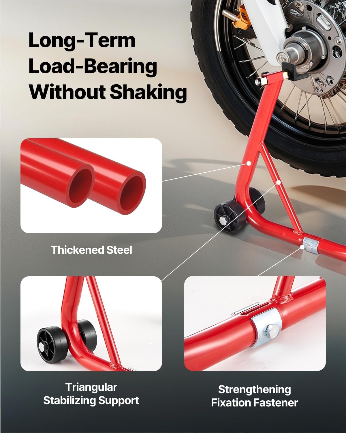 image:imageVEVOR Motorcycle Rear Wheel Stand 850 LBS Load Capacity Heavy Duty Rear Wheel Stand with U L Fork Swingarm Spool Adjustabe Motorcycle Lift Jack Stand for Suzuki Yamaha Honda Kawasaki RedRed