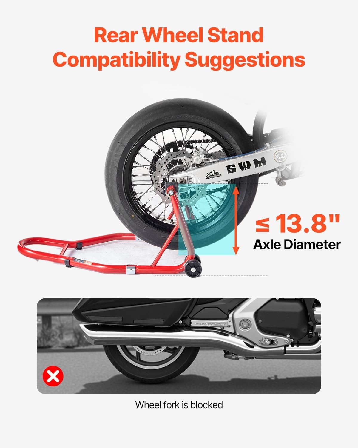 image:imageVEVOR Motorcycle Rear Wheel Stand 850 LBS Load Capacity Heavy Duty Rear Wheel Stand with U L Fork Swingarm Spool Adjustabe Motorcycle Lift Jack Stand for Suzuki Yamaha Honda Kawasaki RedRed