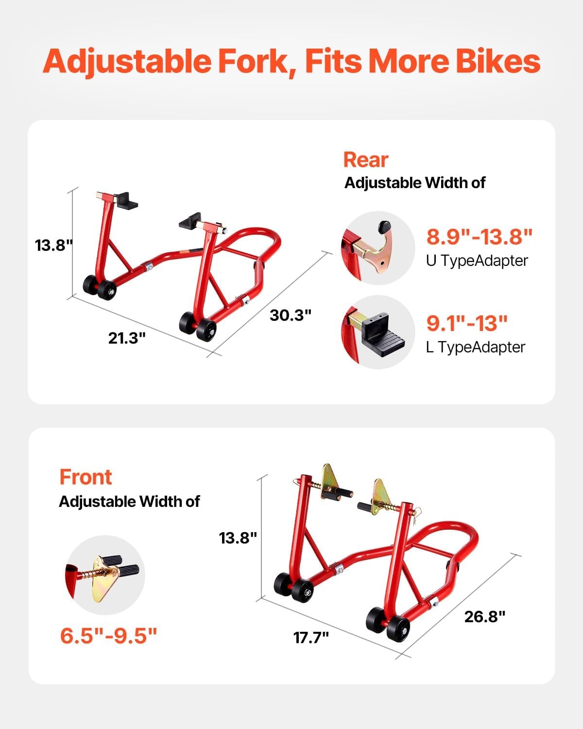 image:imageVEVOR Motorcycle Rear Wheel Stand 850 LBS Load Capacity Heavy Duty Rear Wheel Stand with U L Fork Swingarm Spool Adjustabe Motorcycle Lift Jack Stand for Suzuki Yamaha Honda Kawasaki RedRed
