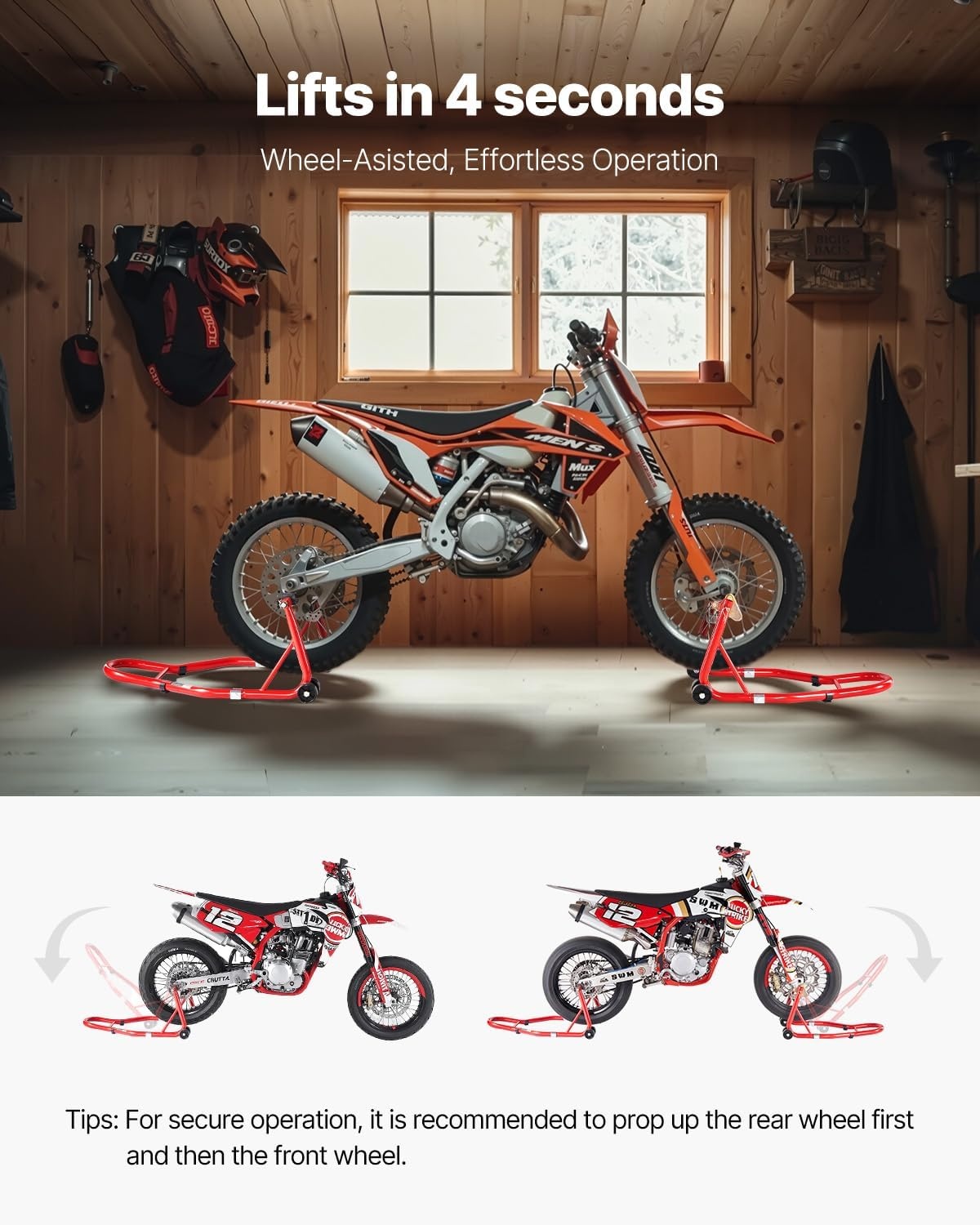 image:imageVEVOR Motorcycle Rear Wheel Stand 850 LBS Load Capacity Heavy Duty Rear Wheel Stand with U L Fork Swingarm Spool Adjustabe Motorcycle Lift Jack Stand for Suzuki Yamaha Honda Kawasaki RedRed
