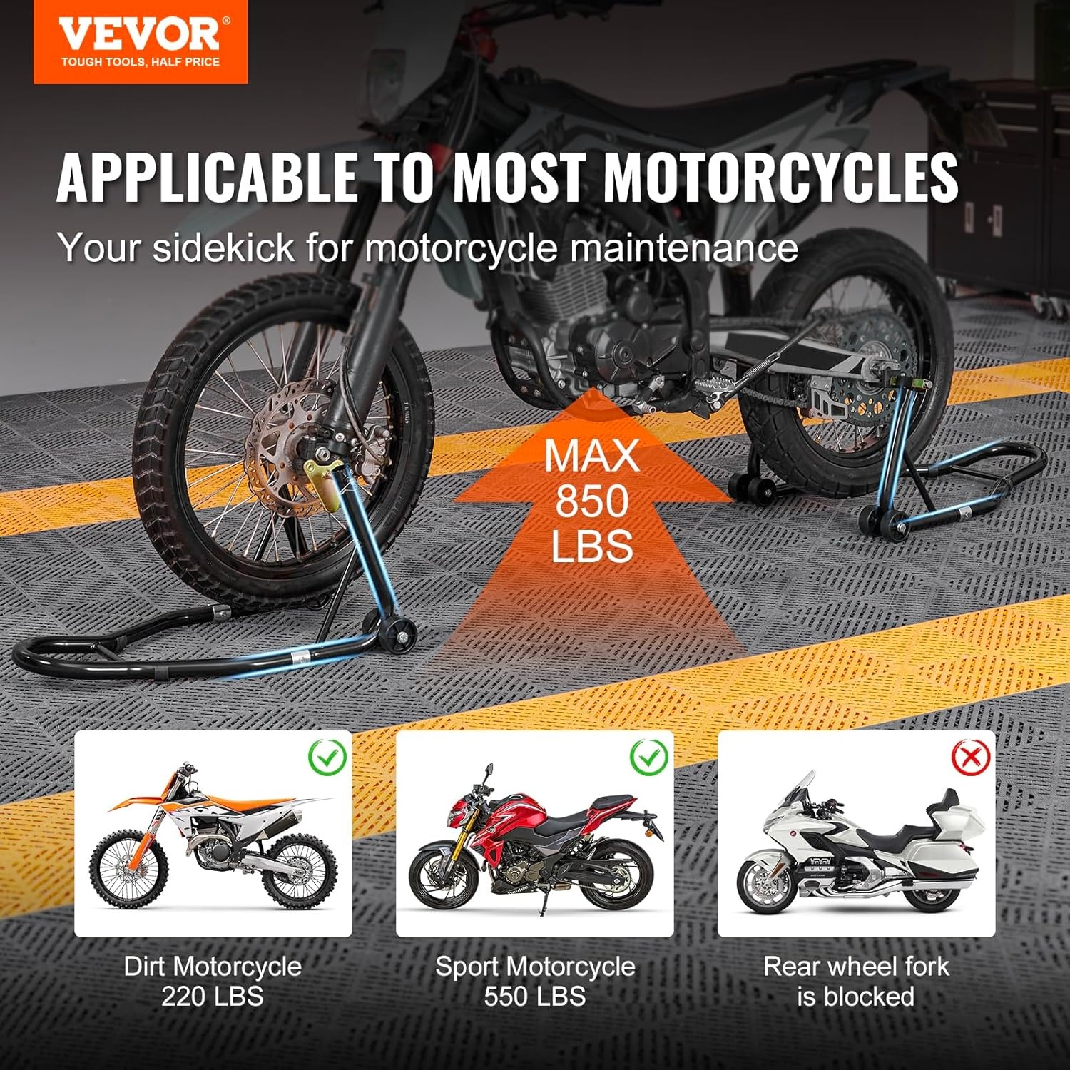 image:imageVEVOR Motorcycle Rear Wheel Stand 850 LBS Load Capacity Heavy Duty Rear Wheel Stand with U L Fork Swingarm Spool Adjustabe Motorcycle Lift Jack Stand for Suzuki Yamaha Honda Kawasaki RedBlack