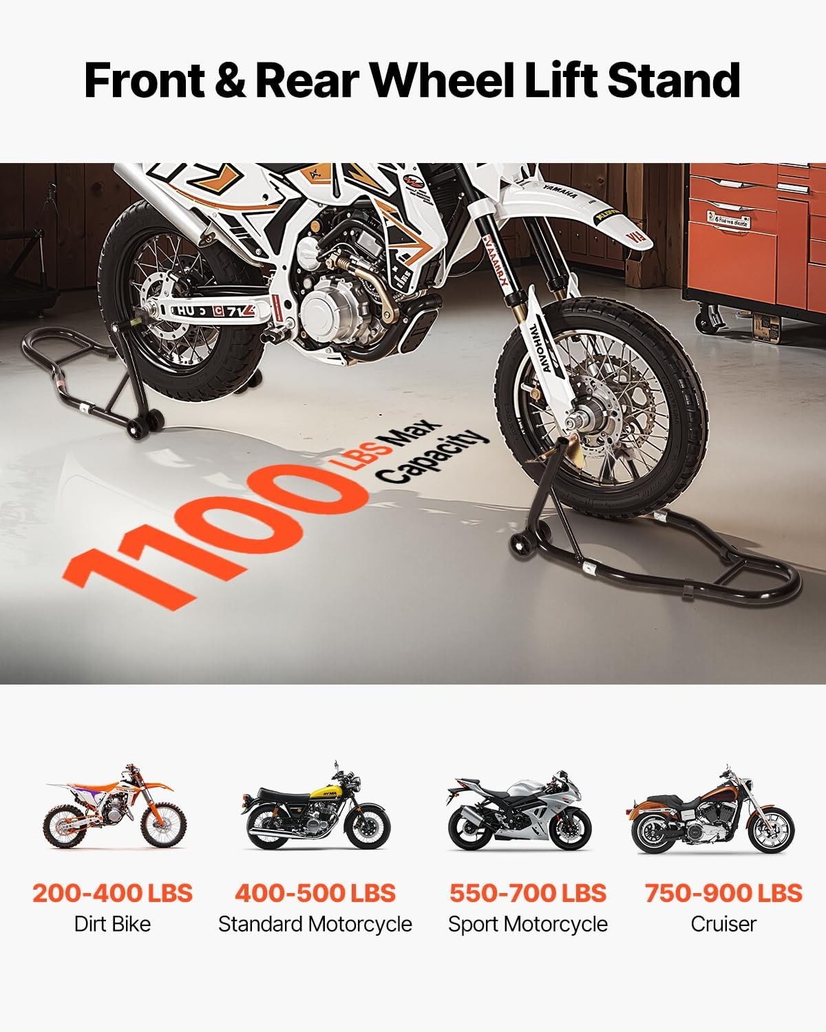 image:imageVEVOR Motorcycle Stand Lift 1100lbs Capacity Front Rear Combo Stand Lift Front Wheel DualFork Stands Rear UL Fork Swingarm Spool Stands for Most Yamaha Honda Kawasaki Suzuki Motorcycles Black