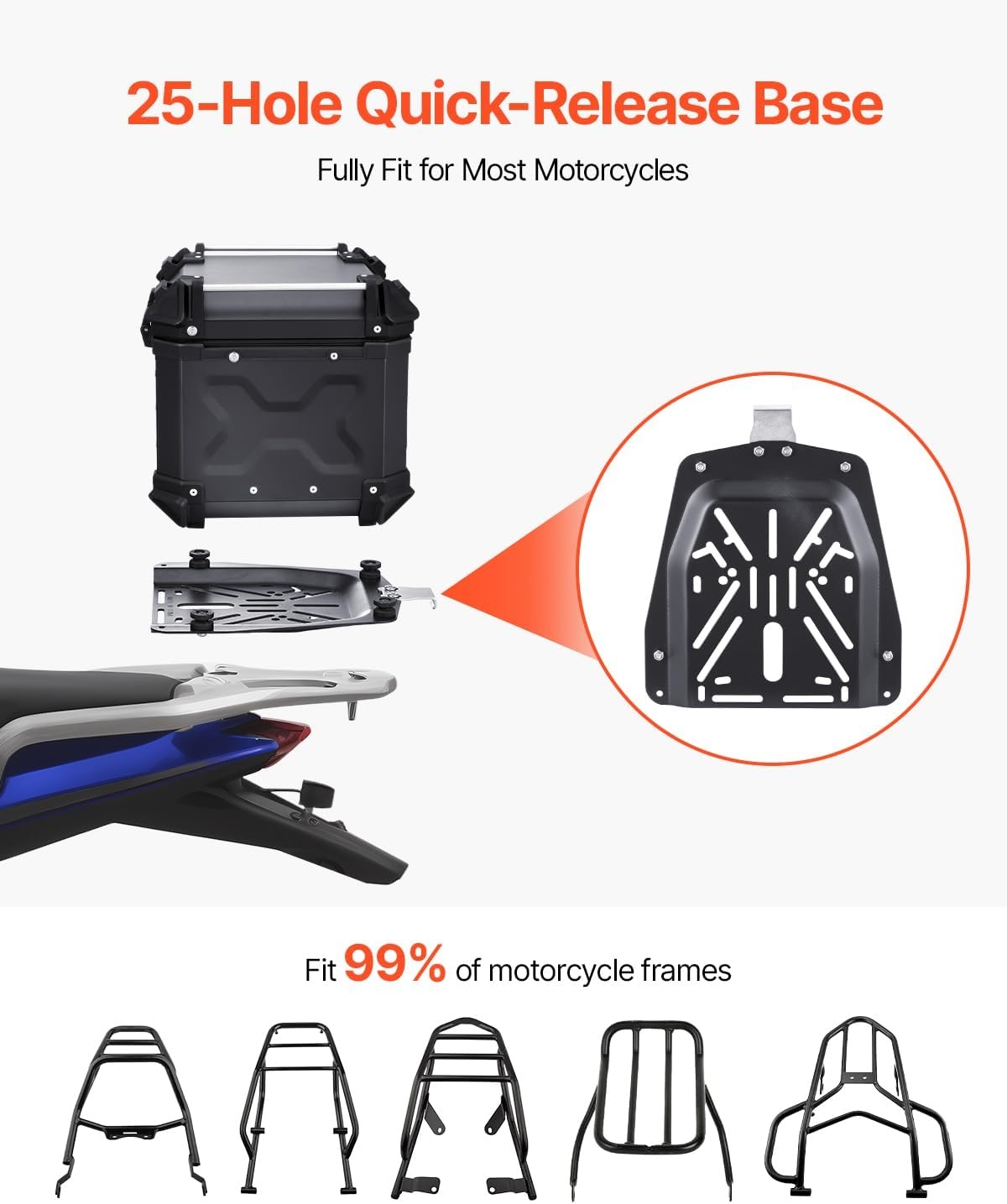 image:imageVEVOR Motorcycle Top Case Universal Aluminum Alloy Motorbike Tail Box with Leather Lining Waterproof Detachable Motorcycle Top Box with Lock amp Back Cushion 55LB