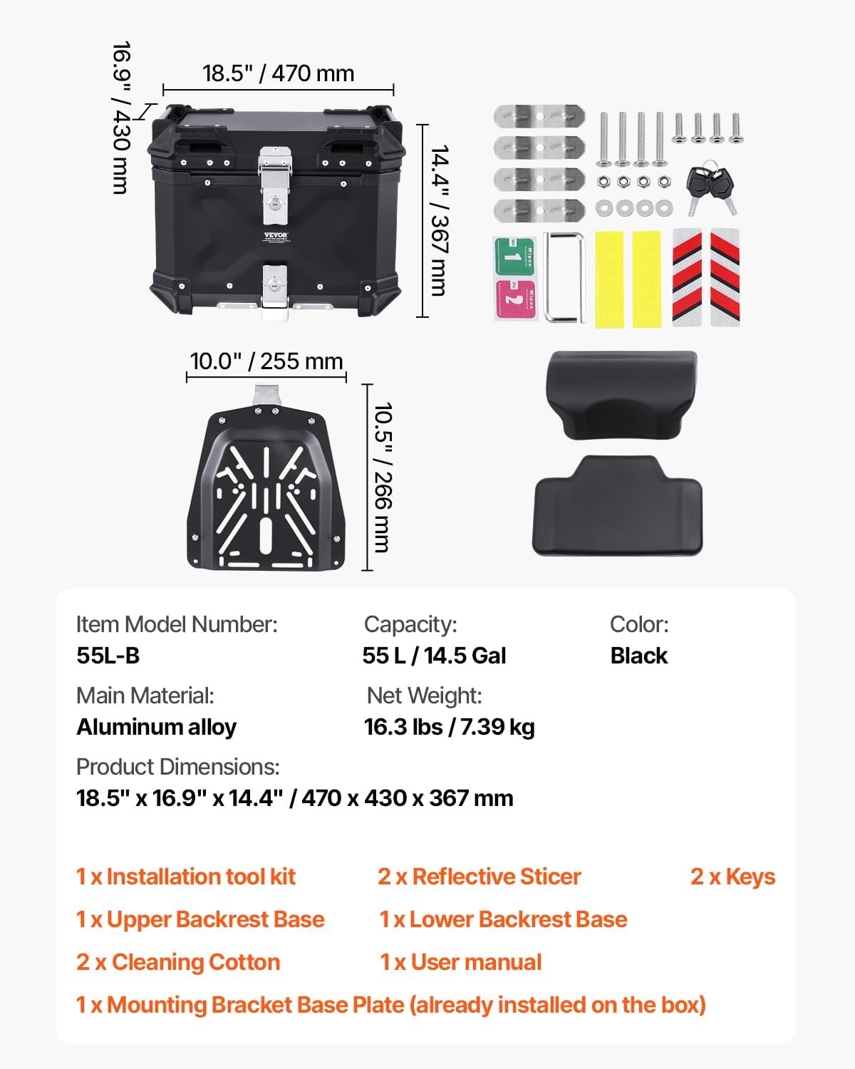 image:imageVEVOR Motorcycle Top Case Universal Aluminum Alloy Motorbike Tail Box with Leather Lining Waterproof Detachable Motorcycle Top Box with Lock amp Back Cushion 65LB
