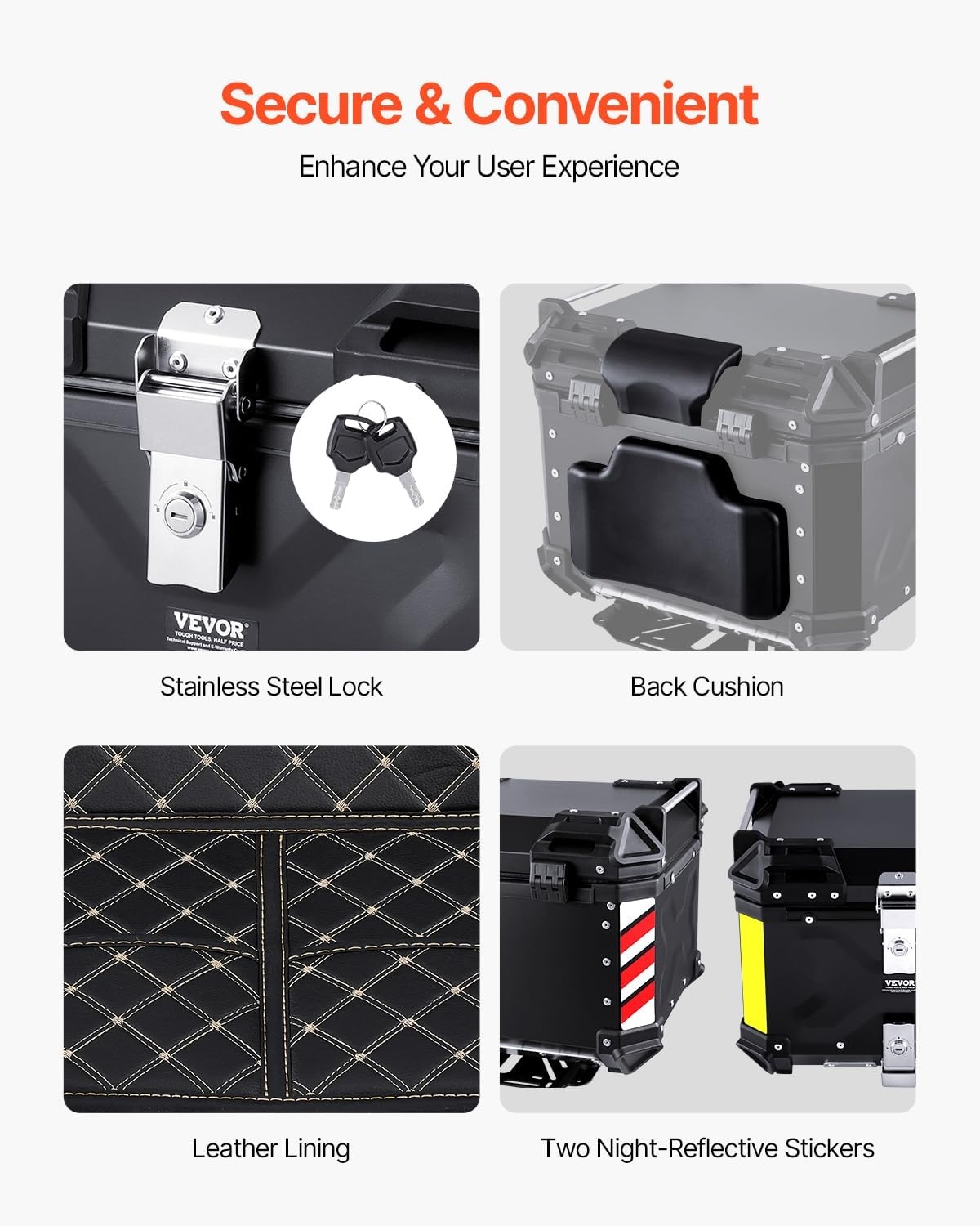 image:imageVEVOR Motorcycle Top Case Universal Aluminum Alloy Motorbike Tail Box with Leather Lining Waterproof Detachable Motorcycle Top Box with Lock amp Back Cushion 65LB