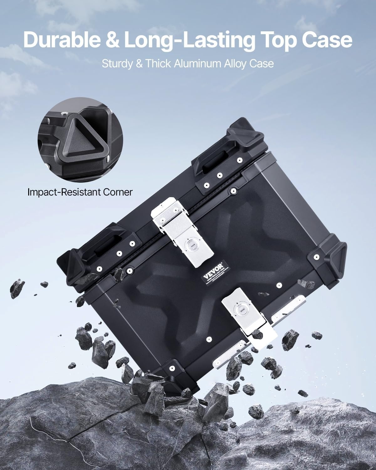 image:imageVEVOR Motorcycle Top Case Universal Aluminum Alloy Motorbike Tail Box with Leather Lining Waterproof Detachable Motorcycle Top Box with Lock amp Back Cushion 65LB