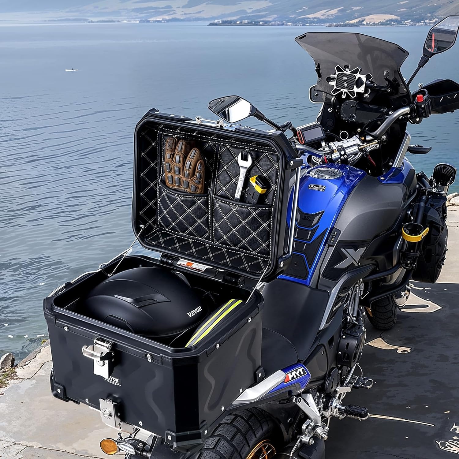 image:imageVEVOR Motorcycle Top Case Universal Aluminum Alloy Motorbike Tail Box with Leather Lining Waterproof Detachable Motorcycle Top Box with Lock amp Back Cushion 65LB