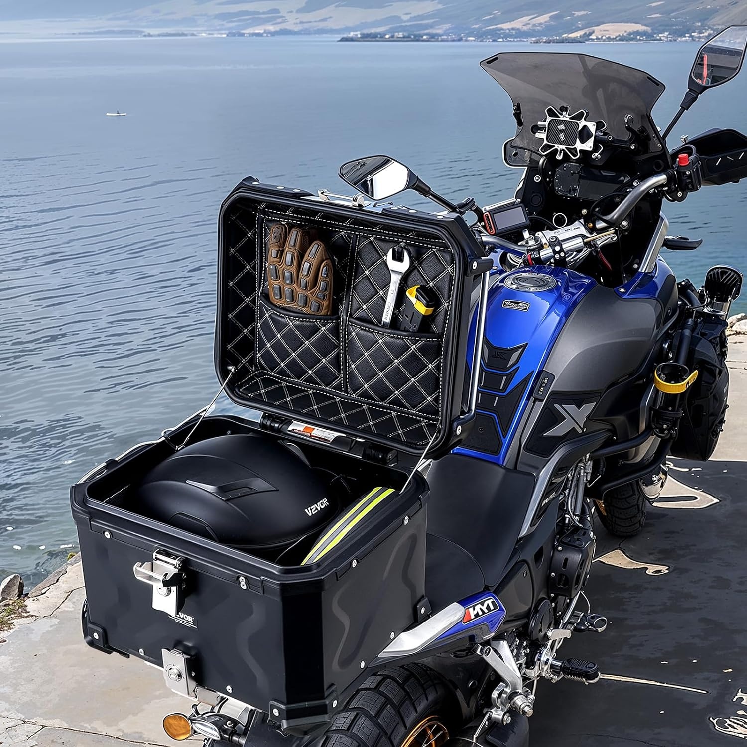 image:imageVEVOR Motorcycle Top Case Universal Aluminum Alloy Motorbike Tail Box with Leather Lining Waterproof Detachable Motorcycle Top Box with Lock amp Back Cushion 55LB