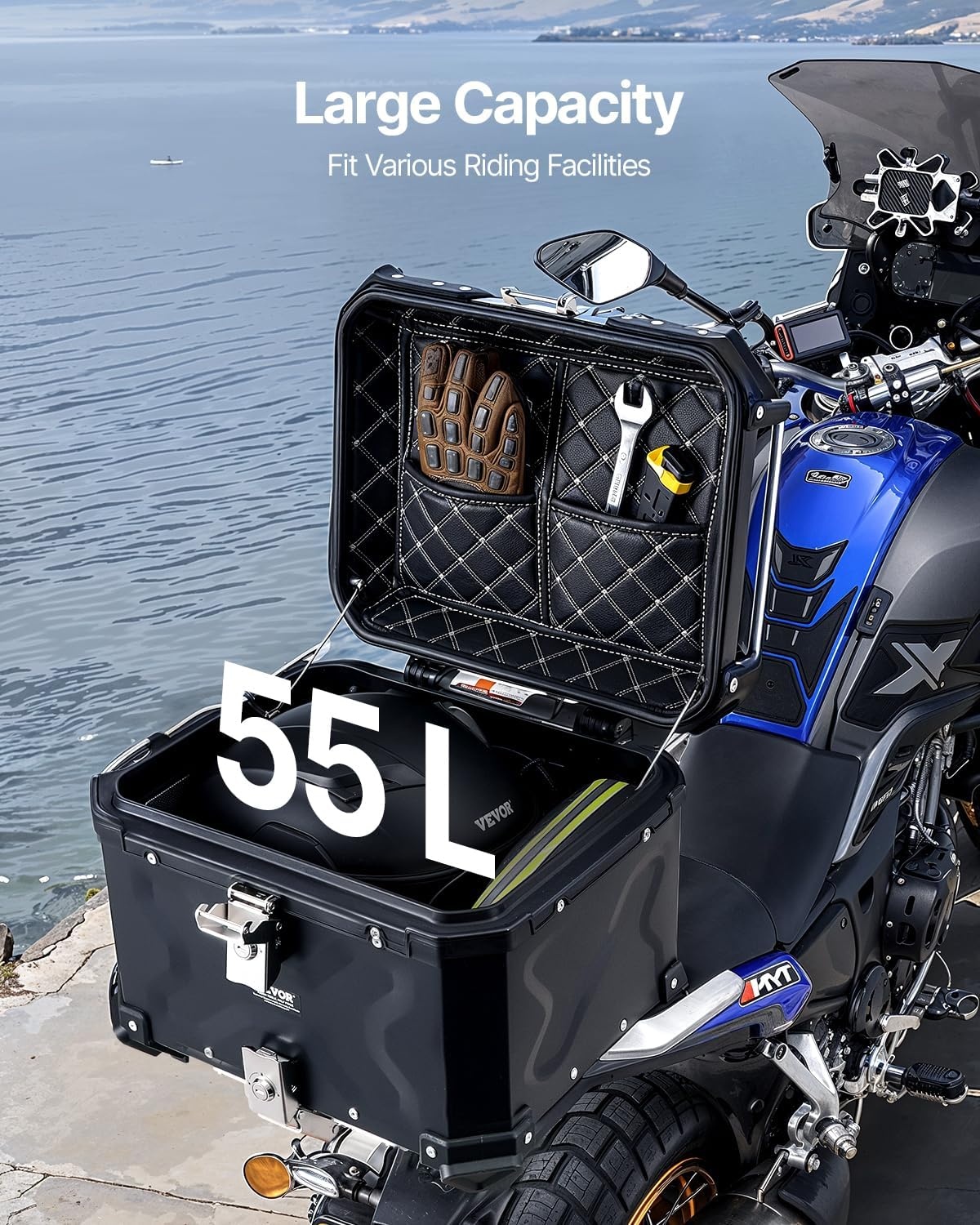 image:imageVEVOR Motorcycle Top Case Universal Aluminum Alloy Motorbike Tail Box with Leather Lining Waterproof Detachable Motorcycle Top Box with Lock amp Back Cushion 65LB