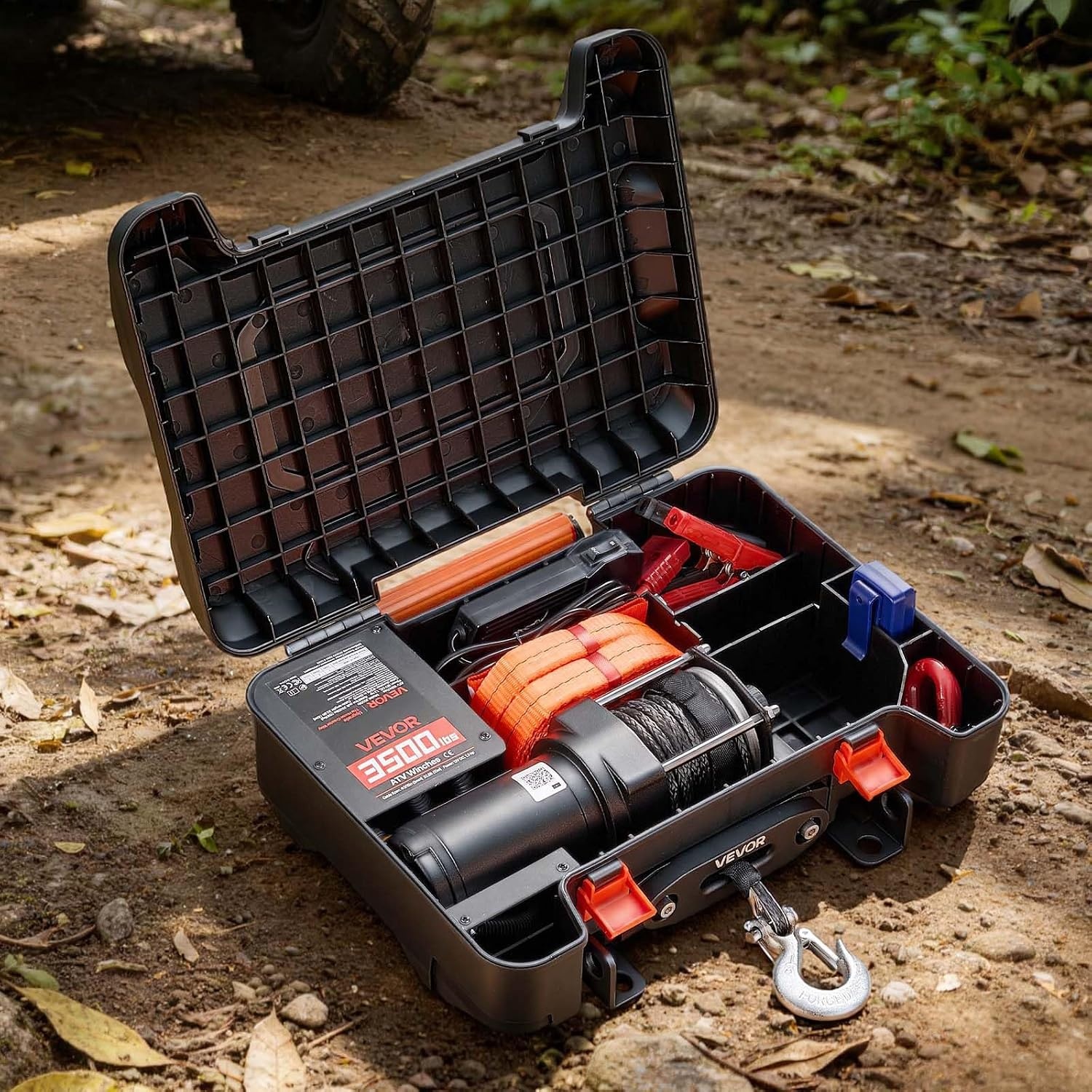 image:imageVEVOR Portable Winch 3500 lbs 12V DC Electric Winch with Synthetic Rope Wireless amp Wired Remotes BoxStyle Recovery Kit with Fairlead Clevis Hook Strap for ATV UTV OffRoad Outdoor Pulling Tasks
