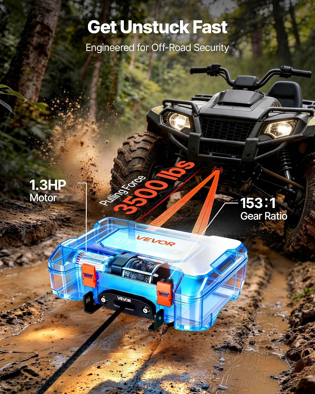 image:imageVEVOR Portable Winch 3500 lbs 12V DC Electric Winch with Synthetic Rope Wireless amp Wired Remotes BoxStyle Recovery Kit with Fairlead Clevis Hook Strap for ATV UTV OffRoad Outdoor Pulling Tasks
