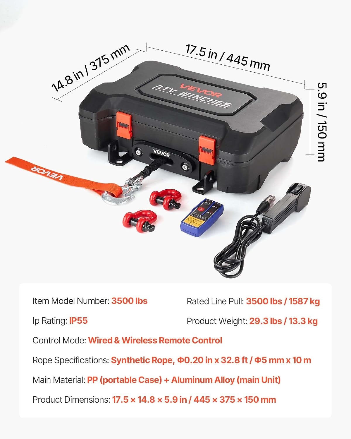 image:imageVEVOR Portable Winch 3500 lbs 12V DC Electric Winch with Synthetic Rope Wireless amp Wired Remotes BoxStyle Recovery Kit with Fairlead Clevis Hook Strap for ATV UTV OffRoad Outdoor Pulling Tasks
