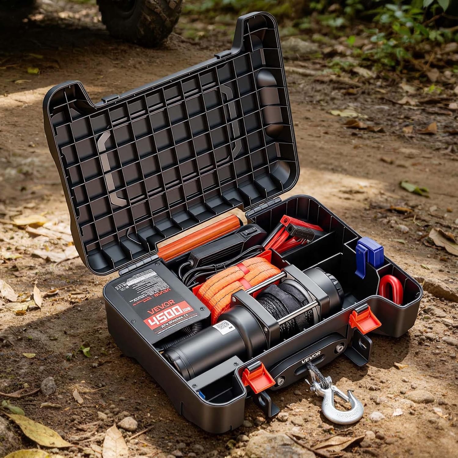 image:imageVEVOR Portable Winch 4500 lbs 12V DC Electric Winch with Synthetic Rope Wireless amp Wired Remotes BoxStyle Recovery Kit with Fairlead Clevis Hook Strap for ATV UTV OffRoad Outdoor Pulling Tasks
