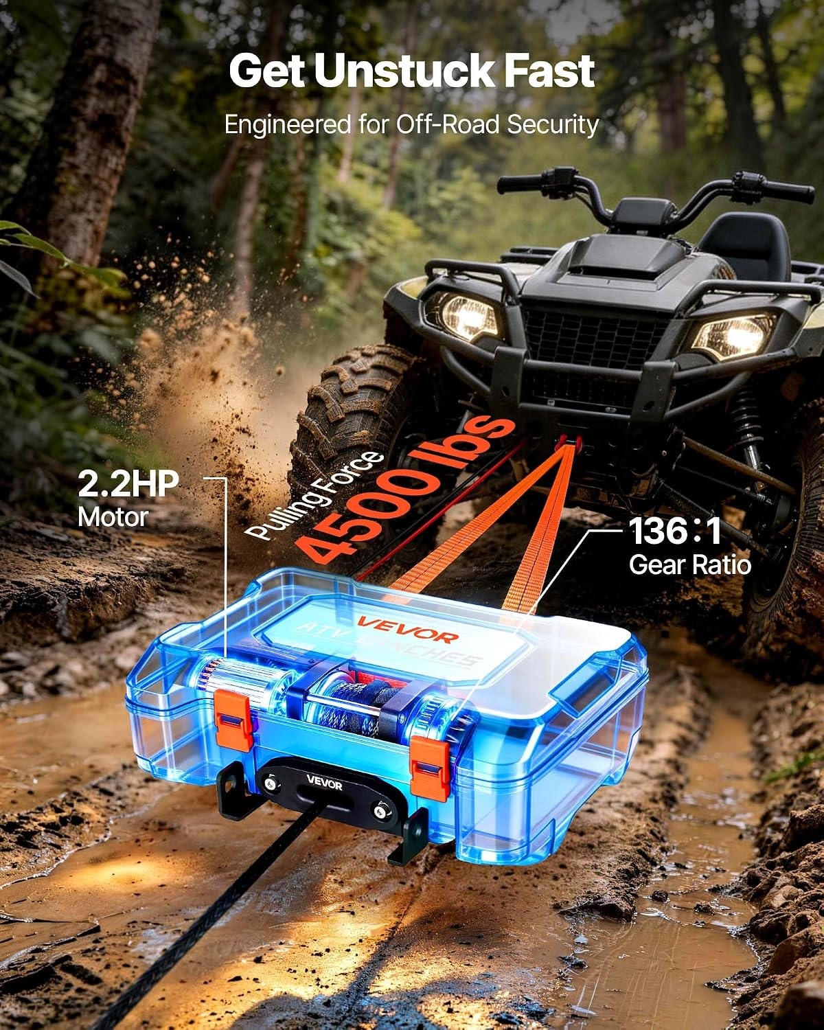 image:imageVEVOR Portable Winch 4500 lbs 12V DC Electric Winch with Synthetic Rope Wireless amp Wired Remotes BoxStyle Recovery Kit with Fairlead Clevis Hook Strap for ATV UTV OffRoad Outdoor Pulling Tasks