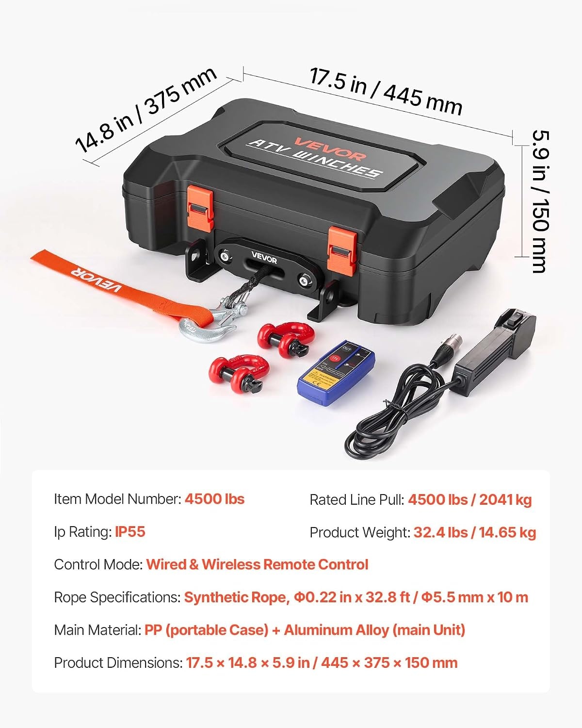 image:imageVEVOR Portable Winch 4500 lbs 12V DC Electric Winch with Synthetic Rope Wireless amp Wired Remotes BoxStyle Recovery Kit with Fairlead Clevis Hook Strap for ATV UTV OffRoad Outdoor Pulling Tasks