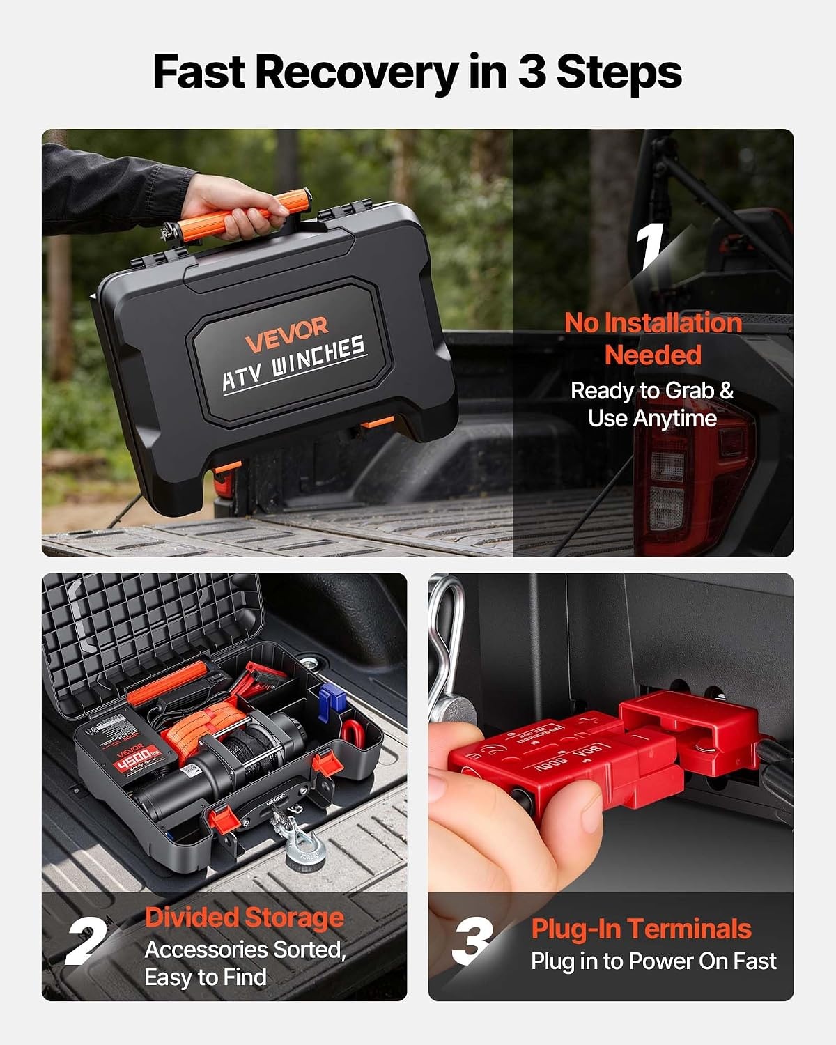 image:imageVEVOR Portable Winch 4500 lbs 12V DC Electric Winch with Synthetic Rope Wireless amp Wired Remotes BoxStyle Recovery Kit with Fairlead Clevis Hook Strap for ATV UTV OffRoad Outdoor Pulling Tasks
