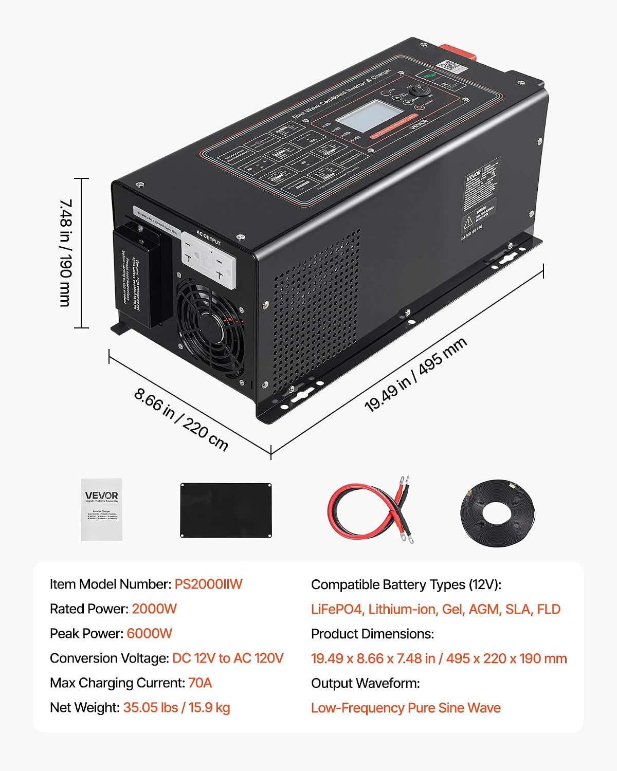 image:imageVEVOR Pure Sine Wave Inverter Charger 3000 Watt DC 24V to AC 120V Power Inverter with LCD Display Remote Control Solar Inverter for OffGrid Solar RV Boat Home Compatible with Various Batteries12V 2000W GFCI