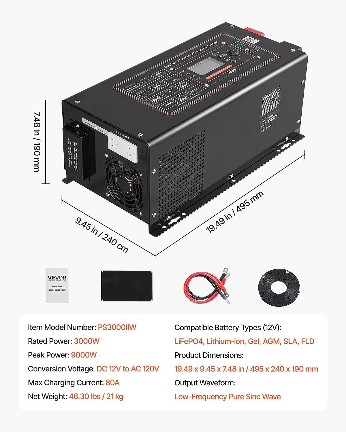 image:imageVEVOR Pure Sine Wave Inverter Charger 3000 Watt DC 24V to AC 120V Power Inverter with LCD Display Remote Control Solar Inverter for OffGrid Solar RV Boat Home Compatible with Various Batteries12V 3000W
