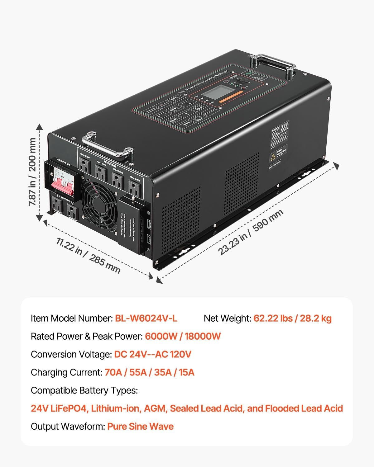 image:imageVEVOR Pure Sine Wave Inverter Charger 6000 Watt DC 24V to AC 120V Battery Charger with LCD Display Remote Control Solar Inverter for OffGrid Solar RV Boat Home Compatible with Various BatteriesBlack