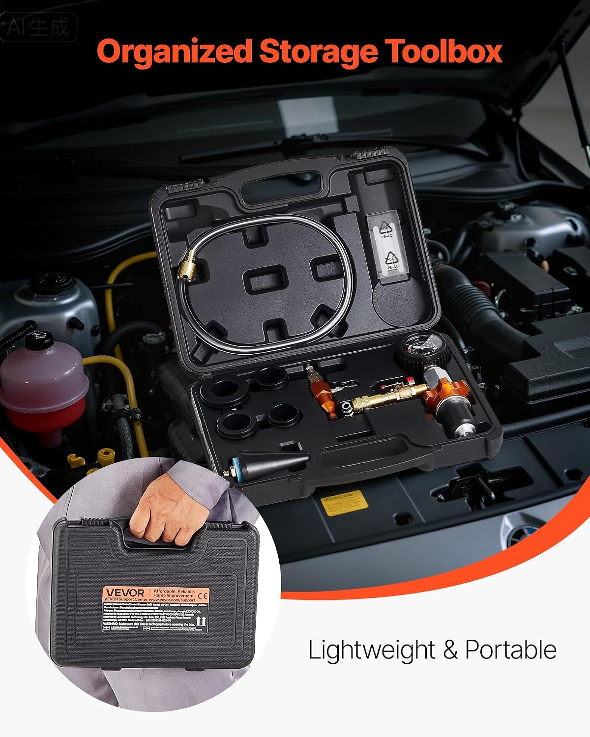 image:imageVEVOR Radiator Vacuum Refill Kit Automotives Cooling System Vacuum amp Purge Fill Tool with Gauge Portable Radiator Coolant Filling Kit with Toolbox Universal Fit for Most Cars Vans SUVs and Trucks