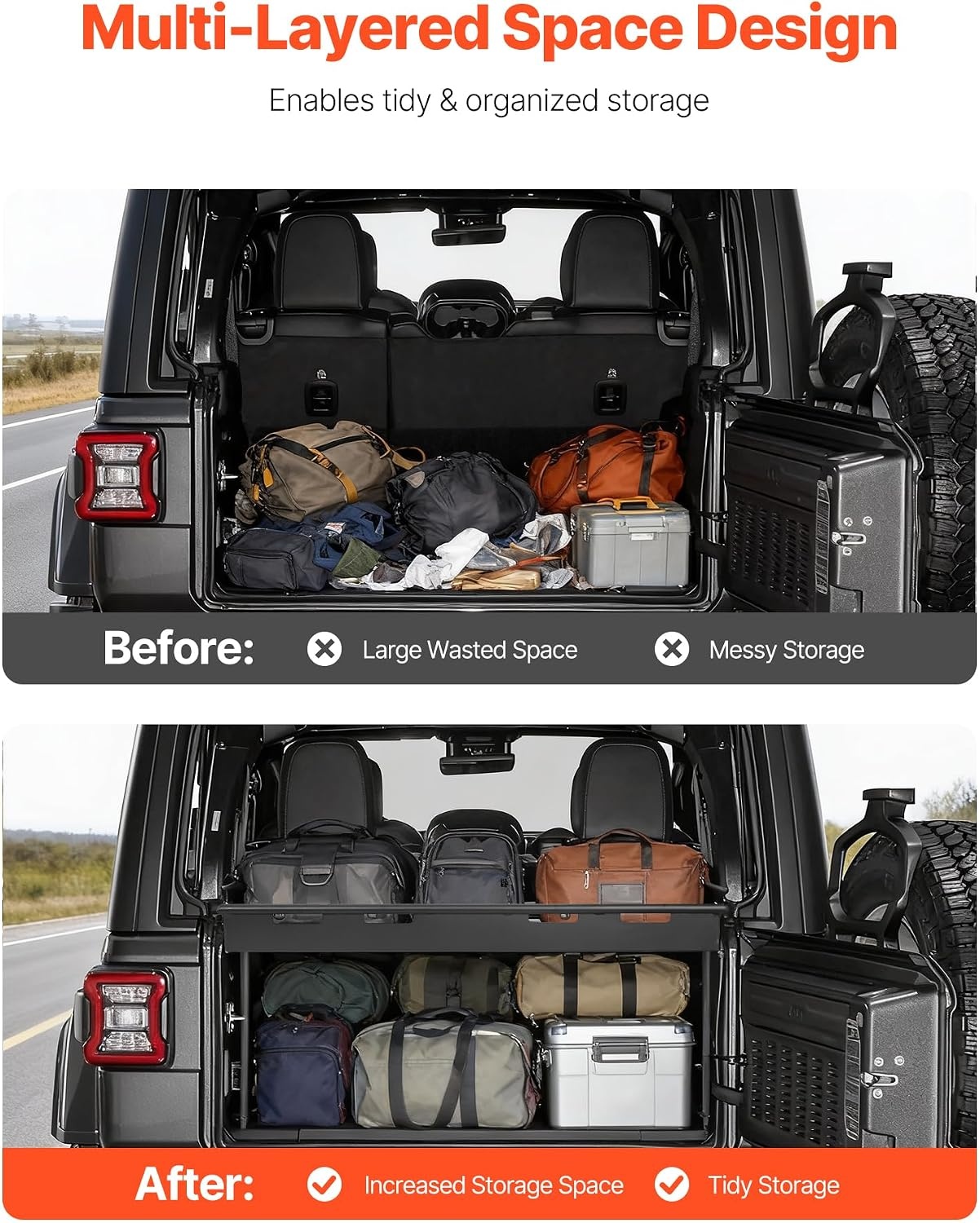 image:imageVEVOR Rear Trunk Cargo Rack with Net 20182024 Jeep Wrangler JLU Sky OneTouch Power Top 4 Door Hardtops 300 lbs Carbon Steel Basket Tray Interior Storage Luggage CarrierJeep JLU20182024