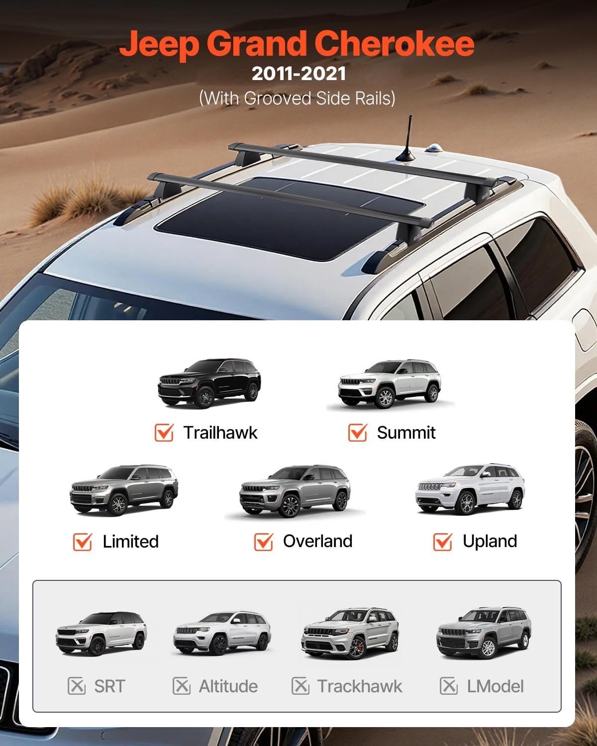 image:imageVEVOR Roof Rack Cross Bars Fits Jeep Grand Cherokee 20112021 with Grooved Side Rails 200 LBS Capacity Lockable Heavy Duty Aluminum Crossbar Racks Roof Rail Rooftop Luggage Canoefor Jeep Grand Cherokee