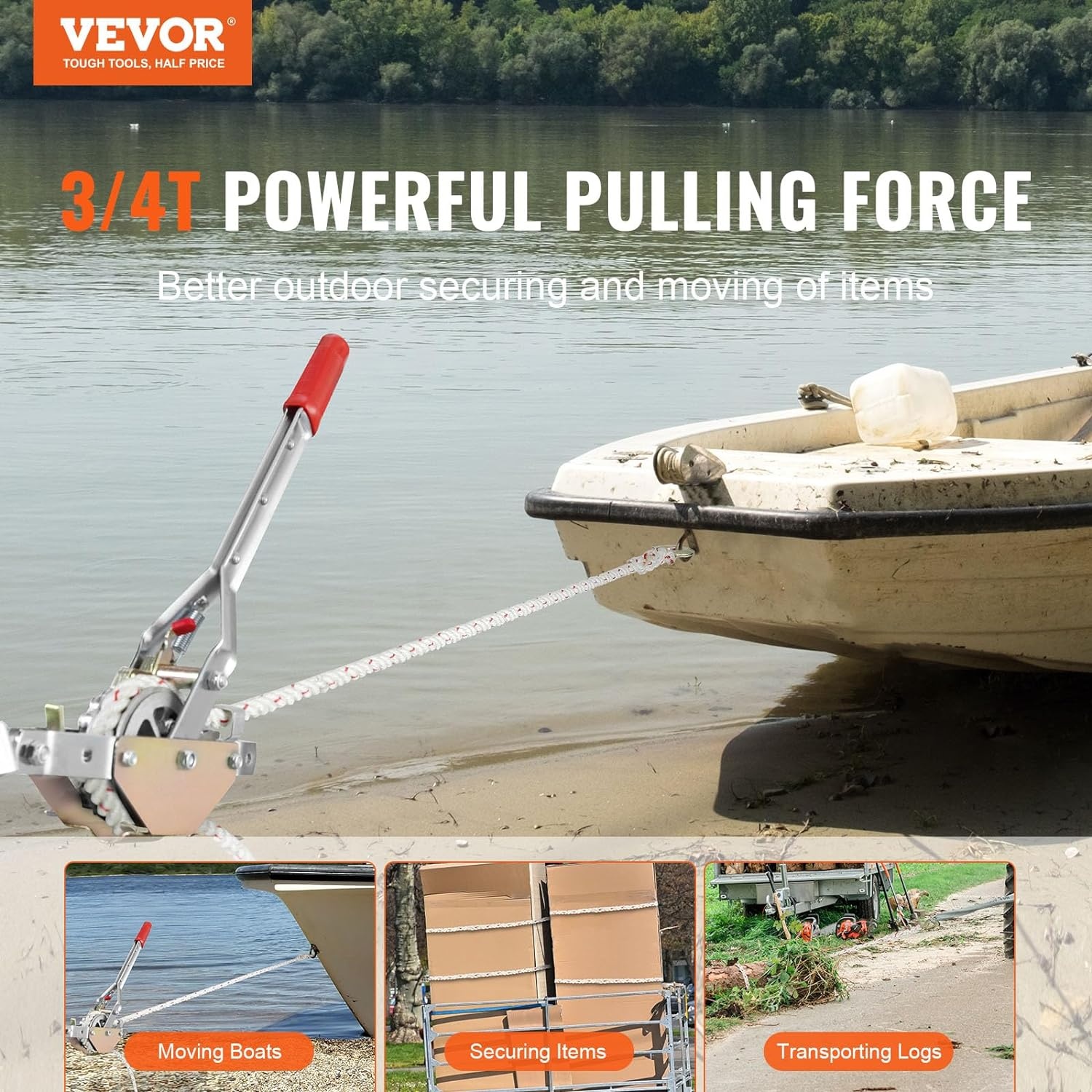 image:imageVEVOR Rope Puller 34 Ton 1653 lbs Pulling Capacity with 100 of 06 dia Rope 2 Hook Come Along Winch Heavy Duty Ratchet Power Puller Tool for Moving Boats Securing Items Transporting Logs34 Ton