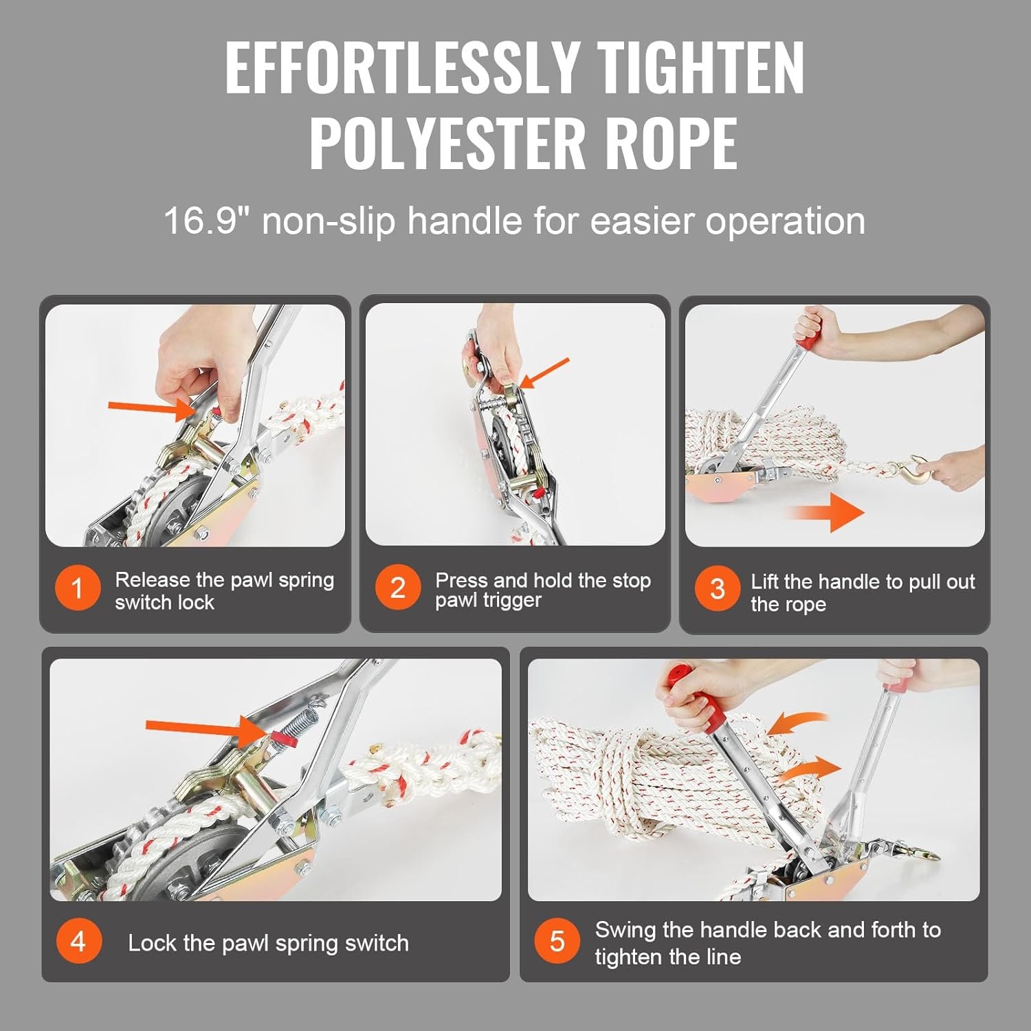 image:imageVEVOR Rope Puller 34 Ton 1653 lbs Pulling Capacity with 100 of 06 dia Rope 2 Hook Come Along Winch Heavy Duty Ratchet Power Puller Tool for Moving Boats Securing Items Transporting Logs34 Ton