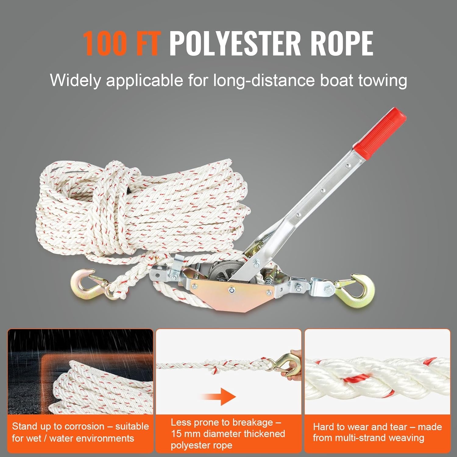image:imageVEVOR Rope Puller 34 Ton 1653 lbs Pulling Capacity with 100 of 06 dia Rope 2 Hook Come Along Winch Heavy Duty Ratchet Power Puller Tool for Moving Boats Securing Items Transporting Logs34 Ton