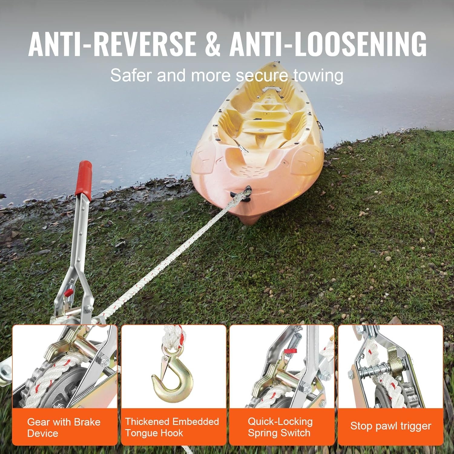 image:imageVEVOR Rope Puller 34 Ton 1653 lbs Pulling Capacity with 100 of 06 dia Rope 2 Hook Come Along Winch Heavy Duty Ratchet Power Puller Tool for Moving Boats Securing Items Transporting Logs34 Ton