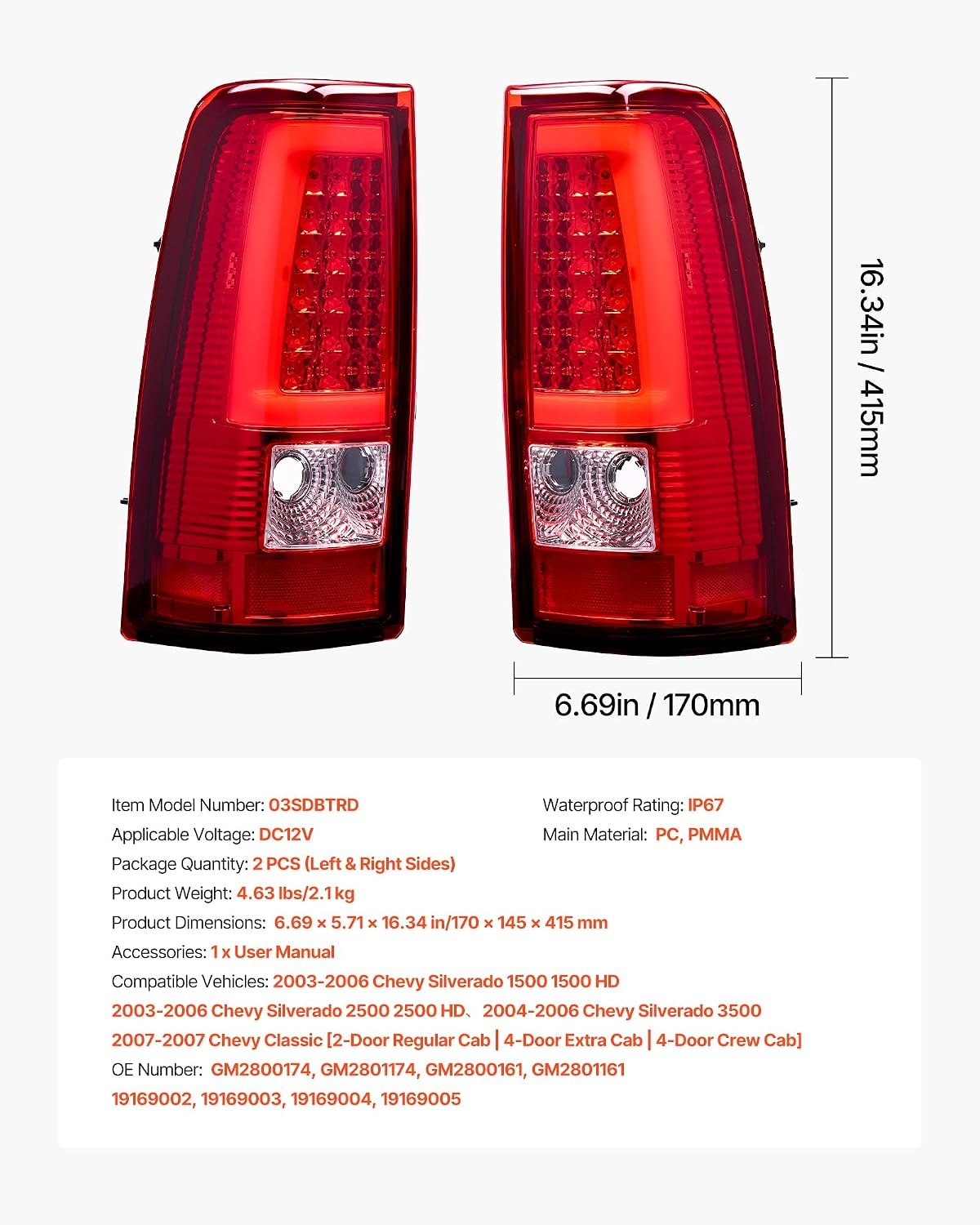 image:imageVEVOR Tail Light Assembly Compatible with 20032006 Chevy Silverado 1500 1500 HD 2500 2500 HD 3500 20072007 Chevy Classic 2PCS Driver amp Passenger Side LED Taillight Brake Lamps with Bulbs RedRed