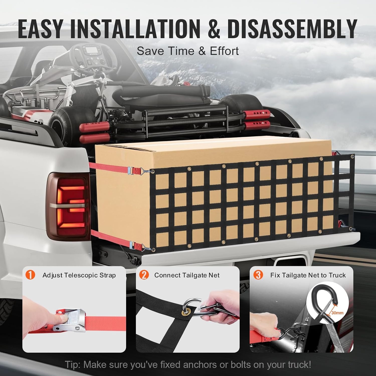 image:imageVEVOR Tailgate Net for Truck Bed 54 in x 18 in 1500lbs Truck Bed Extender Tailgate Cargo Net with 4 Red Adjustable Buckle Straps Extendable amp Durable Suitable for Trailer Pickup Jeep SUV