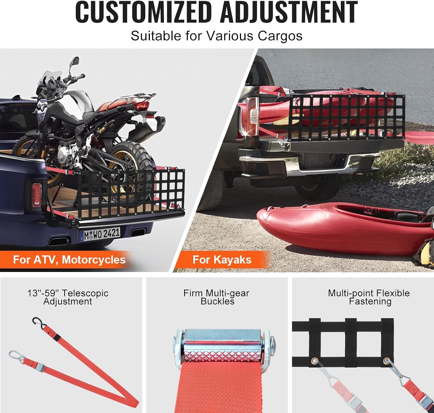 image:imageVEVOR Tailgate Net for Truck Bed 54 in x 18 in 1500lbs Truck Bed Extender Tailgate Cargo Net with 4 Red Adjustable Buckle Straps Extendable amp Durable Suitable for Trailer Pickup Jeep SUV