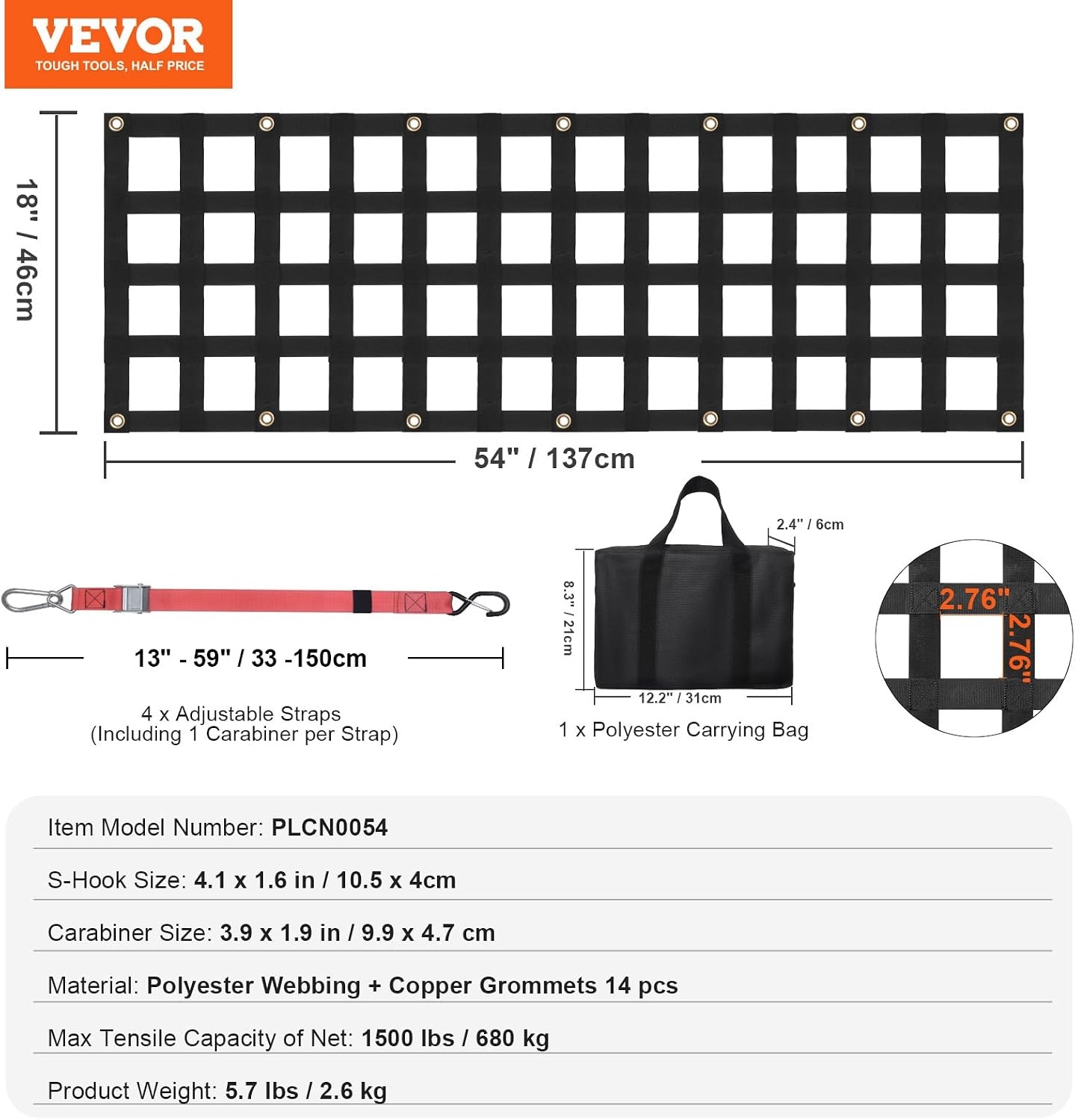 image:imageVEVOR Tailgate Net for Truck Bed 54 in x 18 in 1500lbs Truck Bed Extender Tailgate Cargo Net with 4 Red Adjustable Buckle Straps Extendable amp Durable Suitable for Trailer Pickup Jeep SUV