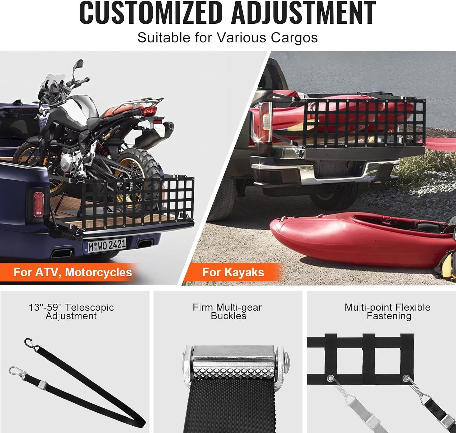 image:imageVEVOR Tailgate Net for Truck Bed 54 in x 18 in Cargo Net Durable with 4 Adjustable Buckle Straps CrossReinforced Design Extendable amp Durable Suitable for Truck Trailer Pickup Boat Jeep SUV60 in x 18 in